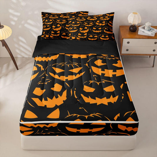 Feelyou Spooky Pumpkin Zipper Bedding Queen Halloween Themed Bedding Sets for Kids Boys Girls Trick or Treat Comforter Set with Fitted Sheet 2 Pillowcases Graveyard One Zipper Bed Set for All Seasons