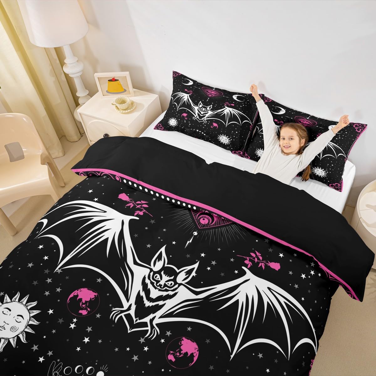 Bat Duvet Cover Set King Size Sun Moon Starry Galaxy Bedding Set Gothic Style Wild Animals Comforter Cover for Kids Boys Girls Teens Bedroom Decor Pink Floral Exotic Black White Quilt Cover 3Pcs