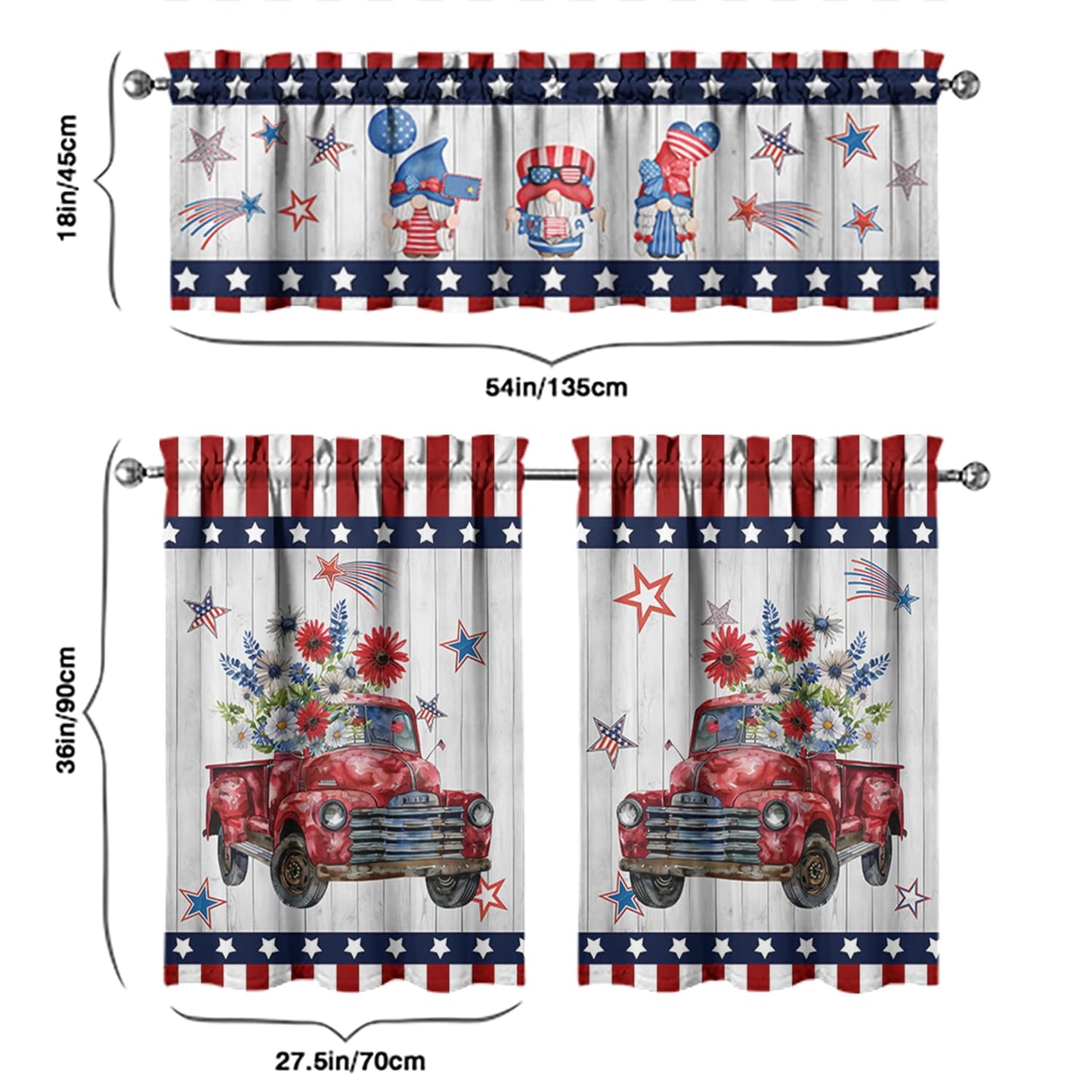 American 4th of July Kitchen Curtains Valances and Tiers Set for Windows, Patriotic Independence Memorial Day Bathroom Window Curtain Valance 3 Piece Sets,Kitchen Decor for Living Room,54"x 36"
