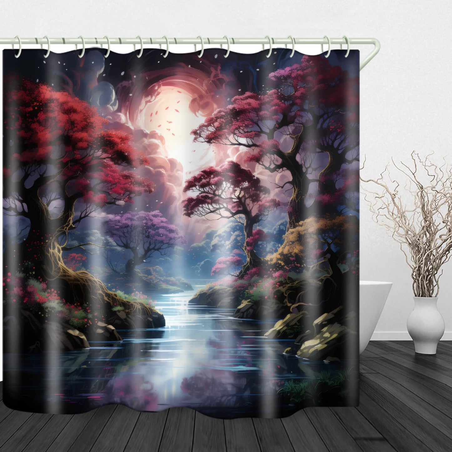 LYFANS Shower Curtains, with Forest and River Themed Bright Colors, Brings A Unique Artistic Atmosphere to The Bathroom. The 72x79 Inch Fabric Shower Curtain Comes with 12 Hooks.
