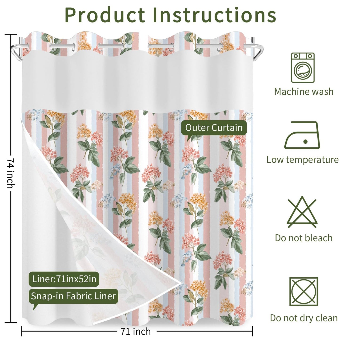 NAEMBCU Boho Floral No Hook Shower Curtain with Snap in Liner Set 71x74 in