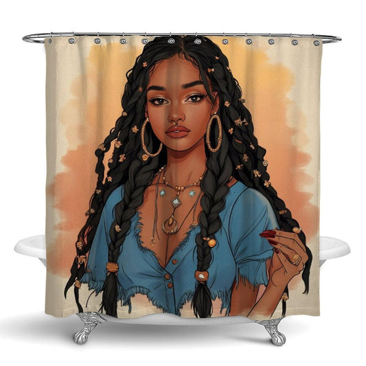 Meaudiwes Bathroom Decoration Shower Curtain Set with Curtain Hooks African American Black Woman Girl Painting Art, 72"x 70"