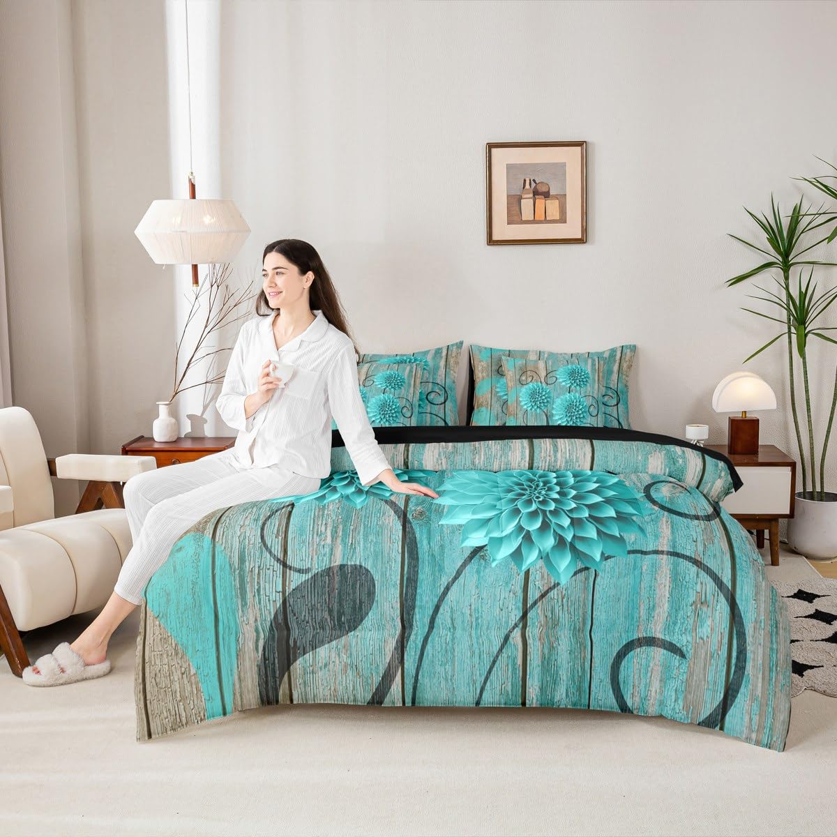 Erosebridal Teal Farmhouse Dahlia 7 Piece Comforter Set Queen | Daisy Floral Boho Bed in A Bag Turquoise Floral Sheet Set Breathable Lightweight Rustic Flower Abstract Fitted Sheet