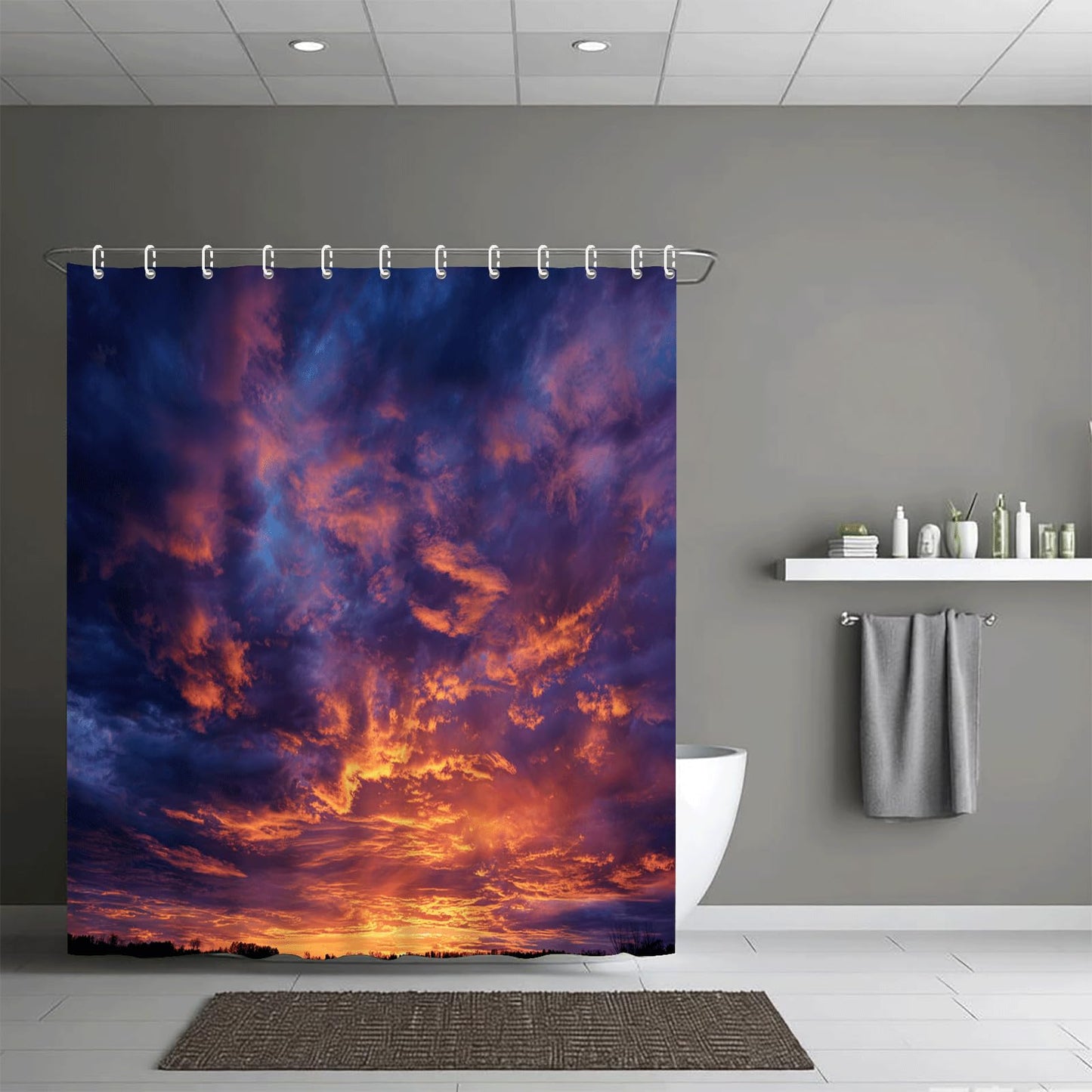 ZROLUW Orange Sky 3D Shower Curtains 72" W x 72" L Sunset Landscape Printed Waterproof Bathroom Curtain Fabric with Hook