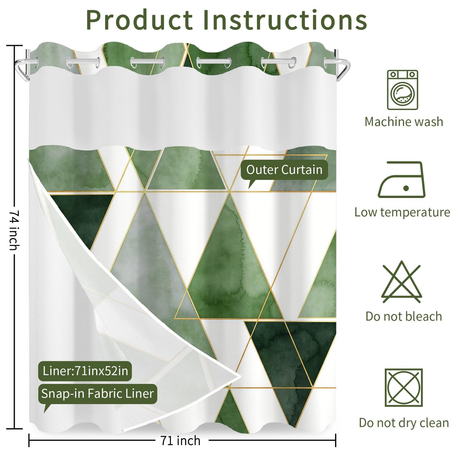 NAEMBCU Green Geometric No Hook Shower Curtain with Snap in Liner Set 71x74