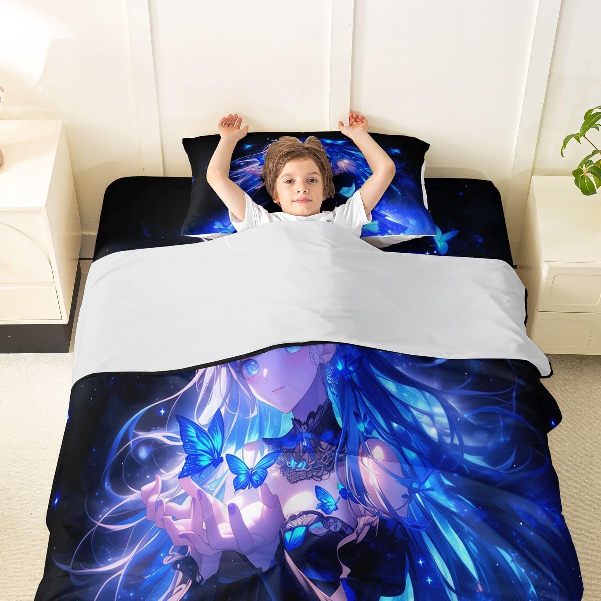 Erosebridal 3D Japanese Girl Bed Sheets Set Blue Butterfly Decorations Sheets Twin,Cartoon Sheet Set for Boys Girls Anime Gifts for Her Bedding Sets Bedroom Decor 3 Pieces