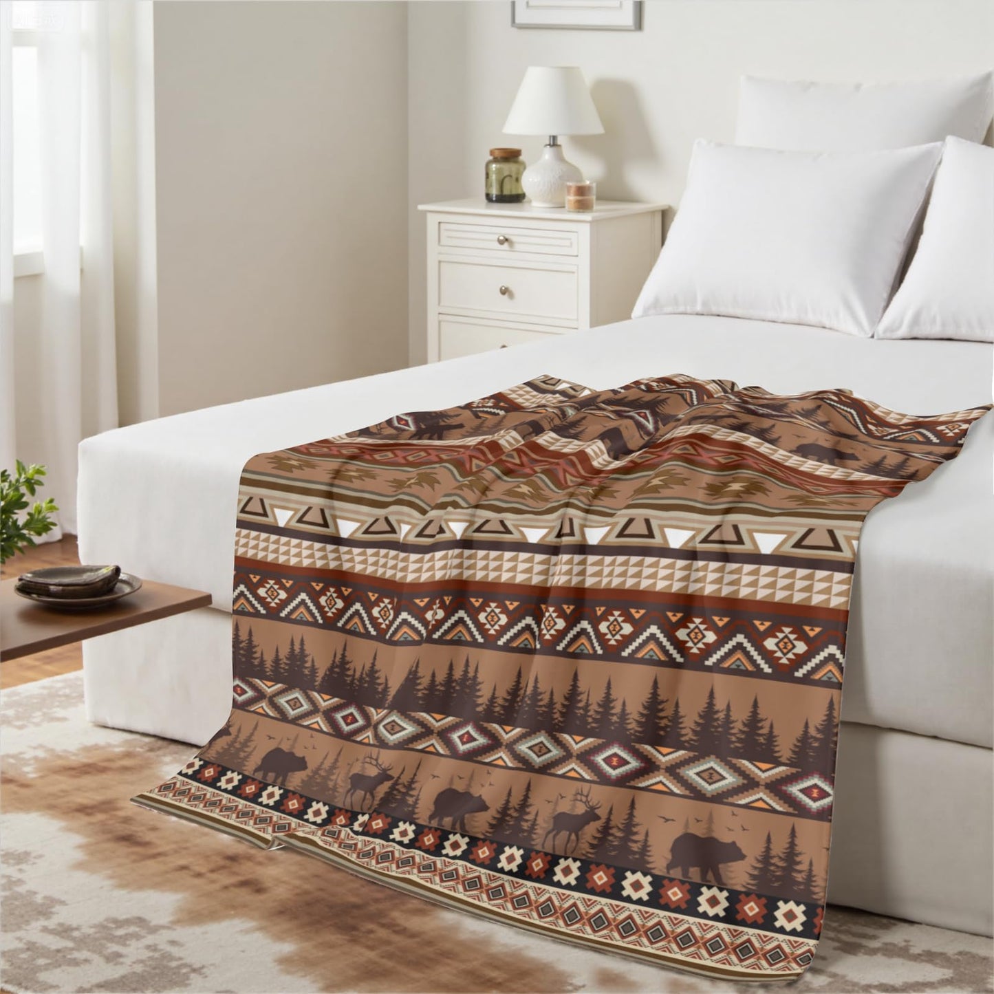 Arktrident Rustic Bear Deer Throw Blanket Boho Ethnic Soft Flannel Bed Blankets Plush Warm Lightweight Couch Cover for Bedroom Living Room 50X60 Inch