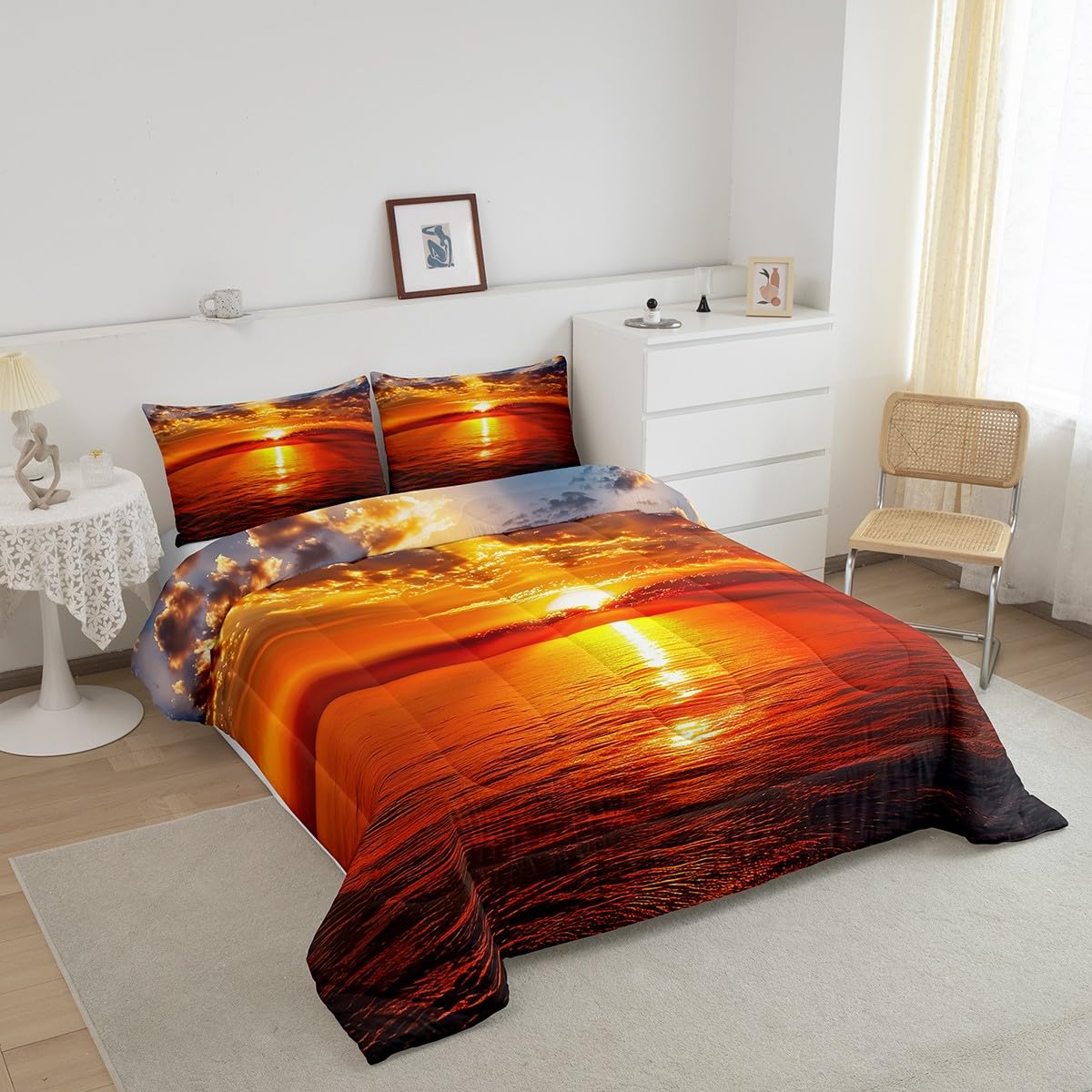 Manfei Sea Sunset Comforter Set Twin Size, Ocean Natural Landscape Bedding Set 2pcs for Kids Boys Girls Room Decor, Ocean Theme Down Comforter with 1 Pillowcase, No Sheets