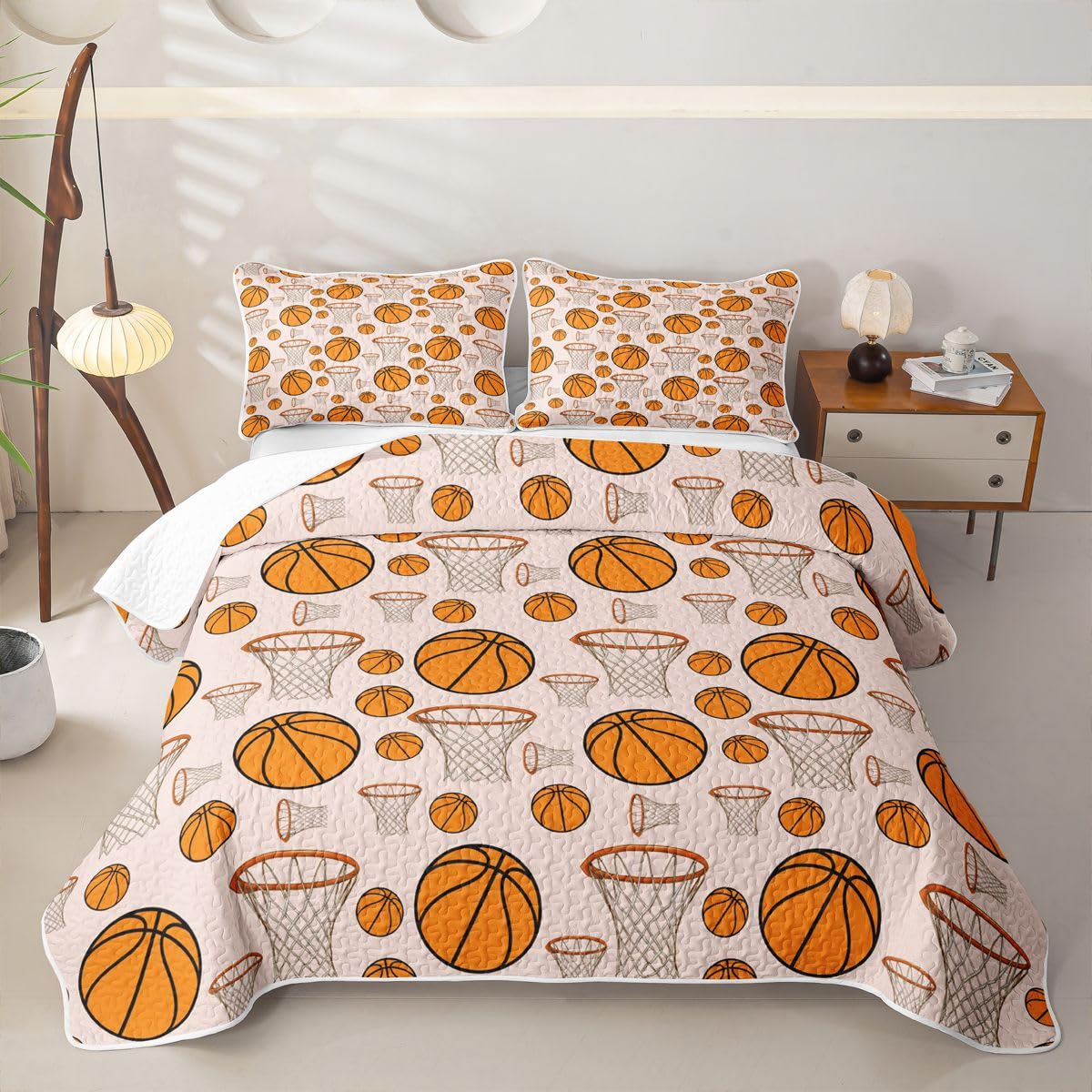 Feelyou Basketball 3 Piece Quilt Set King Gaming Sports Bedding Set Microfiber Lightweight Ball Games Bedspread Coverlet with 2 Pillowcases Gift for Basketball Lover Bed Covers for All Season