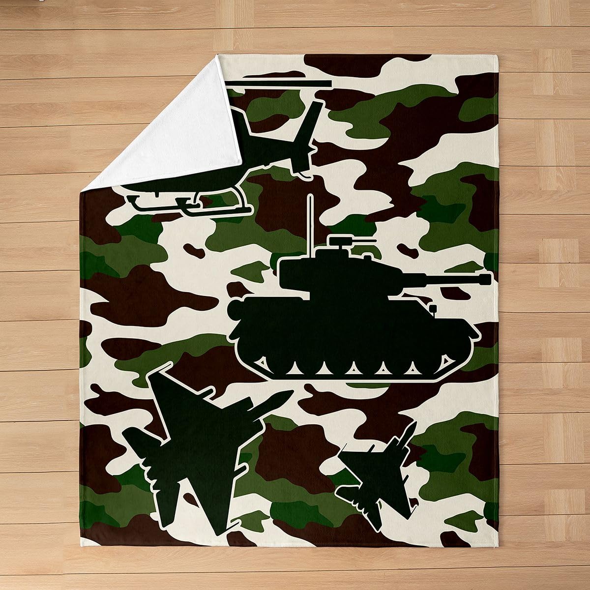 Erosebridal Camo Military Vehicle Flannel Blanket Throw 50x60 Inch Tank & Jet Silhouette Fleece Blanket Boys Men Modern Army Aircraft Fuzzy Plush Throw Kids Adults Camouflage Art Decor