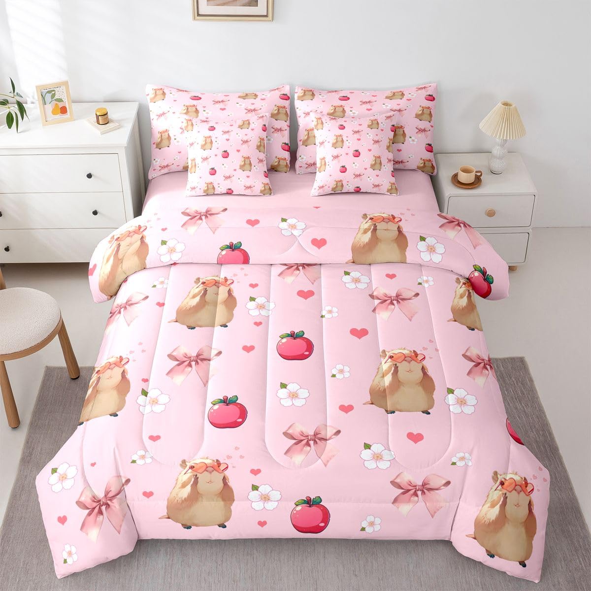Feelyou Capybara Comforter Set King Size 7 Pieces Cute Pink Bow Bedding Set for Kids Boys Girls Soft Flower Texture Bed in a Bag with Comforter, Sheets, Pillowcases, Cushion Covers