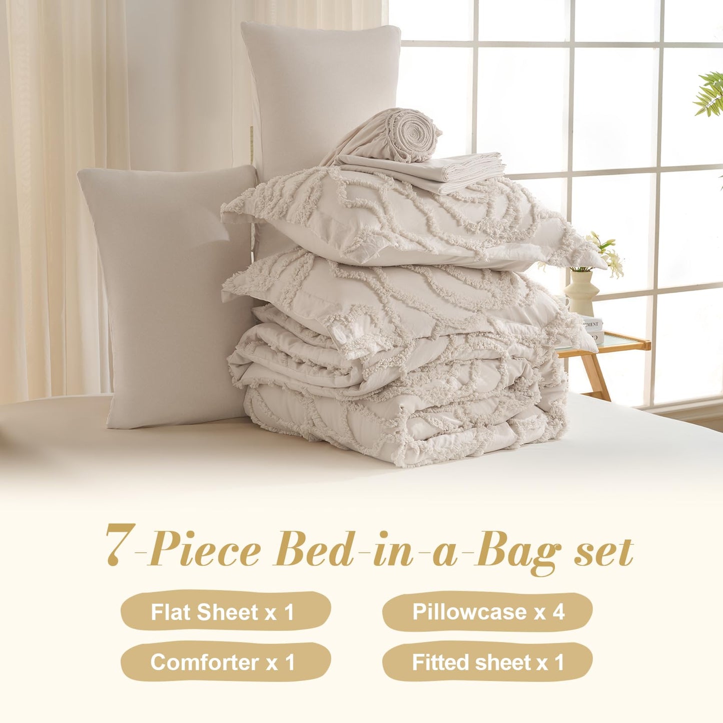 Wrenley Vale 7 Pieces Comforter Set Queen Khaki Tufted Rose Ultra Soft Fluffy Boho Tufted Comforter Set All Season Bed in a Bag Set Shabby Chic Farmhouse Rustic Style Bedding