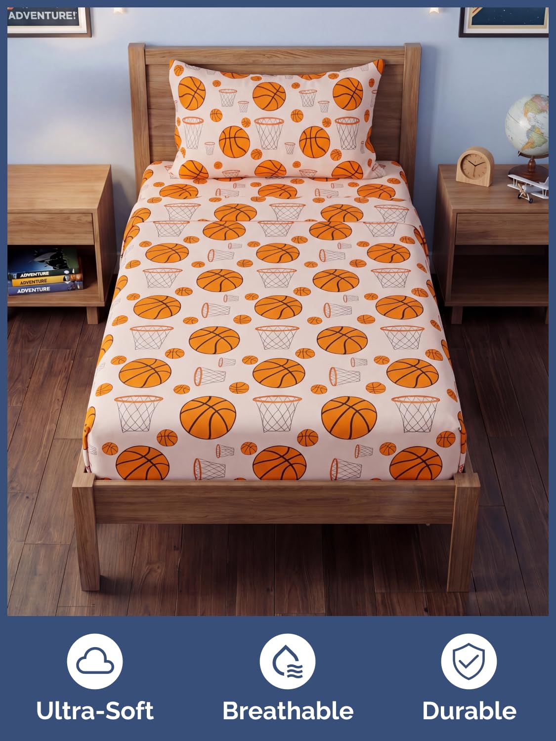 CGK Unlimited Kids Basketball Twin 3 Piece Sheet Set - Boys, Girls, Teens, Toddler - Easy Fit with Deep Pockets - Soft, Cooling & Breathable Sheets - Cute, Cozy, Fade & Wrinkle Free - Machine Washable
