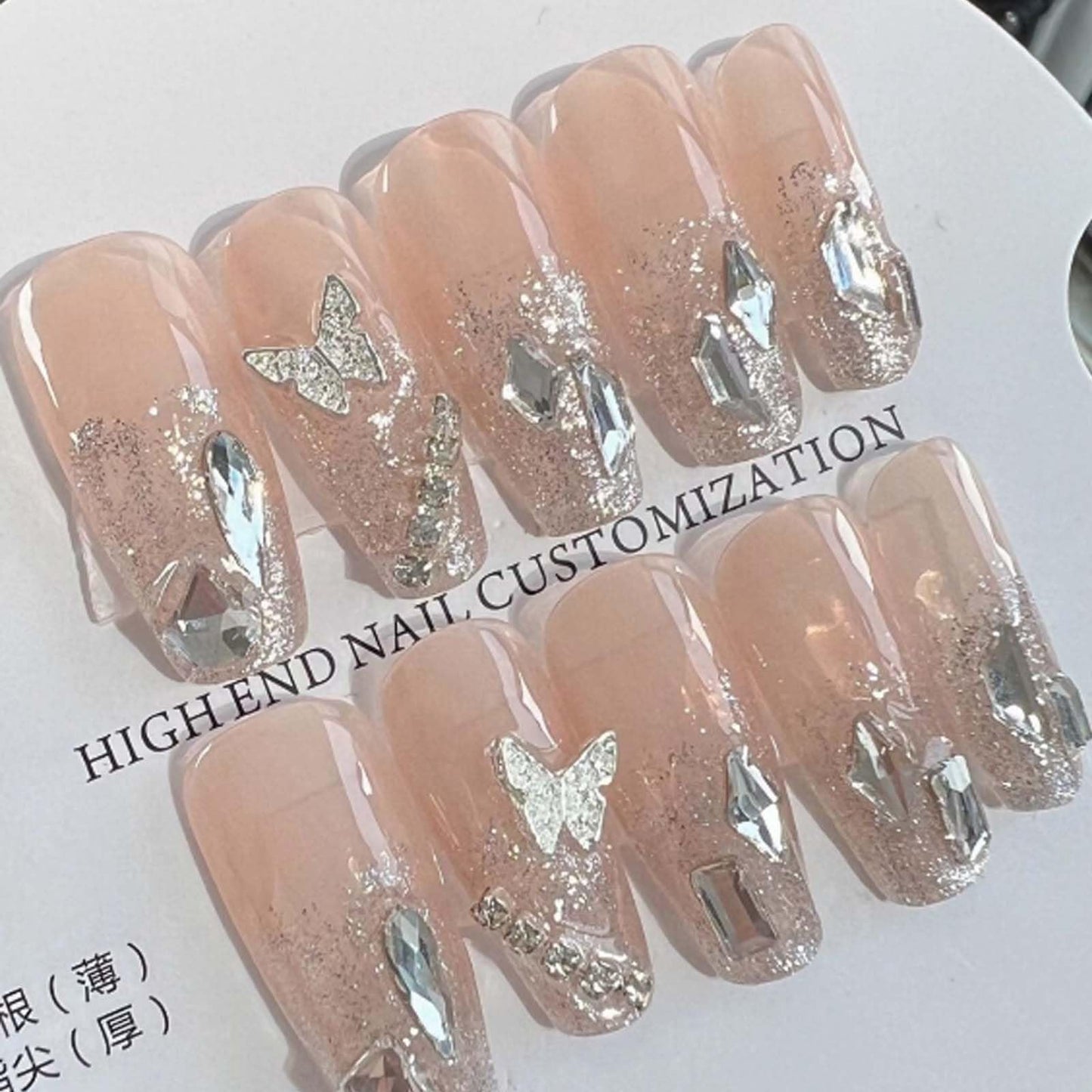 Hkanlre Coffin Press on Nails Nude Fake Crystal Nails Tips Full Cover False Long Nails for Women and Girls 24PCS