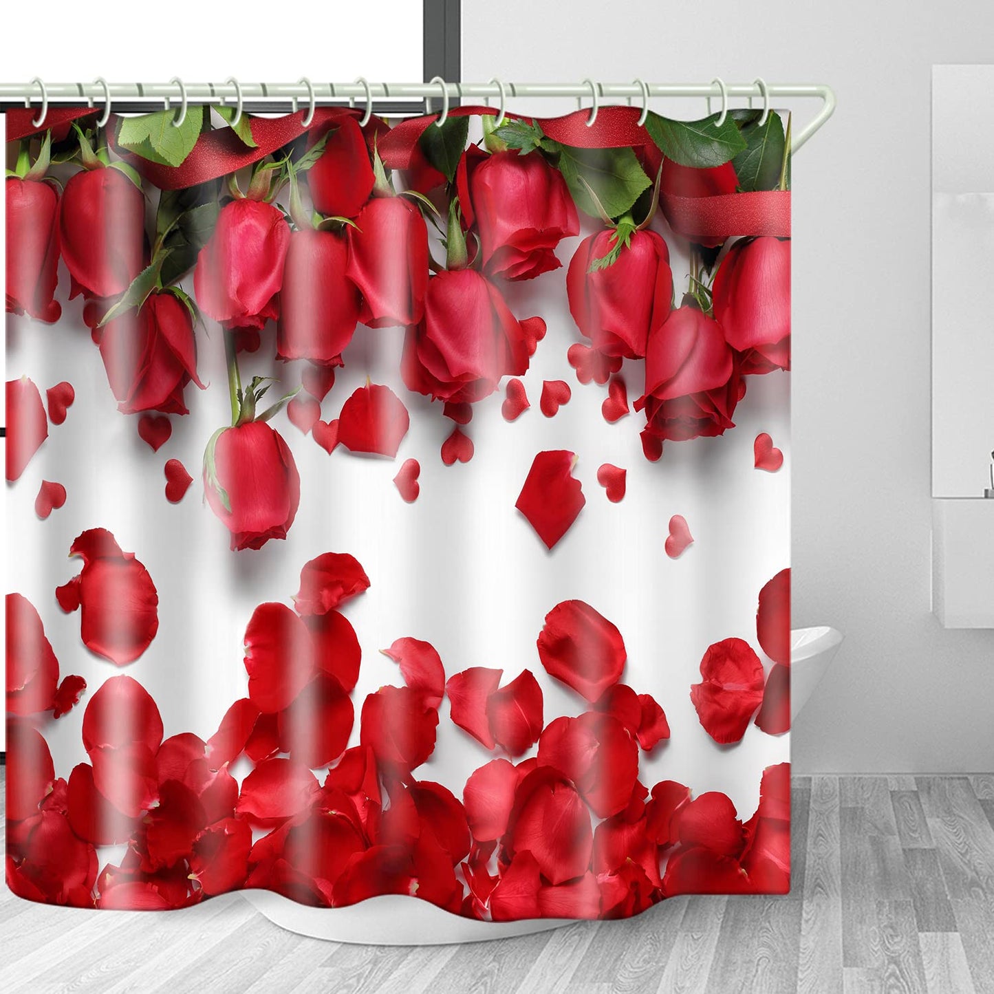 LYFANS Waterproof Fabric Shower Curtains Lining Printed Red Rose Petal Covered Bathtub Bathroom Curtain Includes 12 Shower Curtains Hooks, 59 x 72 Inch Peep Proof Shower Curtain.
