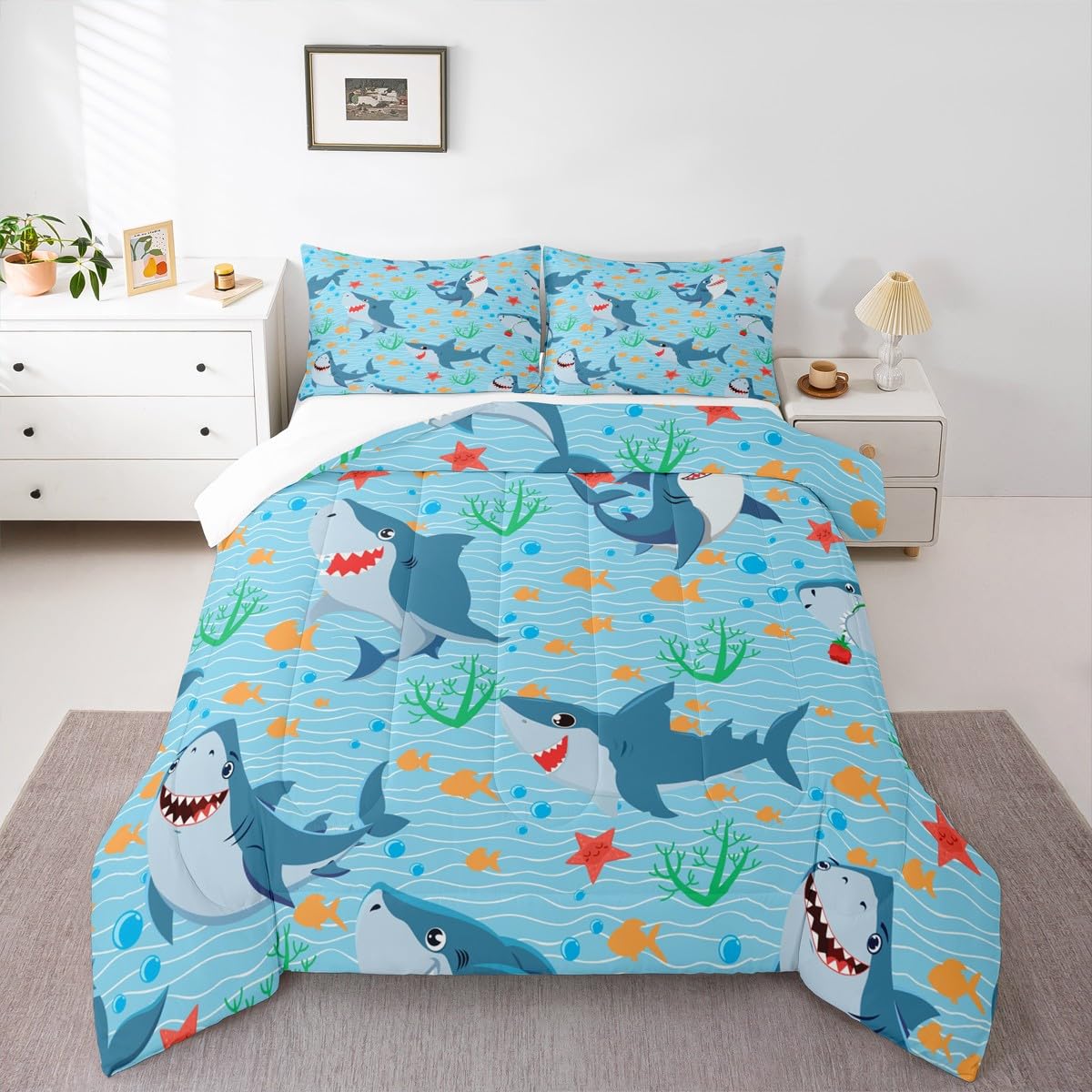 Cute Shark Comforter Set Twin Size,Fish Coral Bedding Set 2pcs for Kids Teens Boys Girls Room Decor,Mysterious Under Sea Animals Plants Themed Quilt Set Cartoon Blue Duvet Insert with 1 Pillowcase