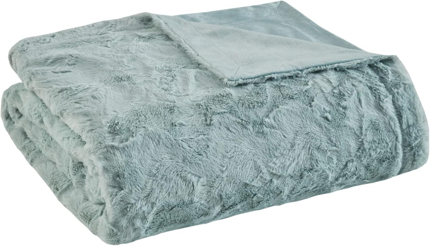 Madison Park Zuri Soft Plush Luxury Oversized Faux Fur Throw Animal Stripes Design, Faux Mink On The Reverse, Modern All Seasons Blanket for Bed, Sofa Couch, Office, Aqua, 60x70