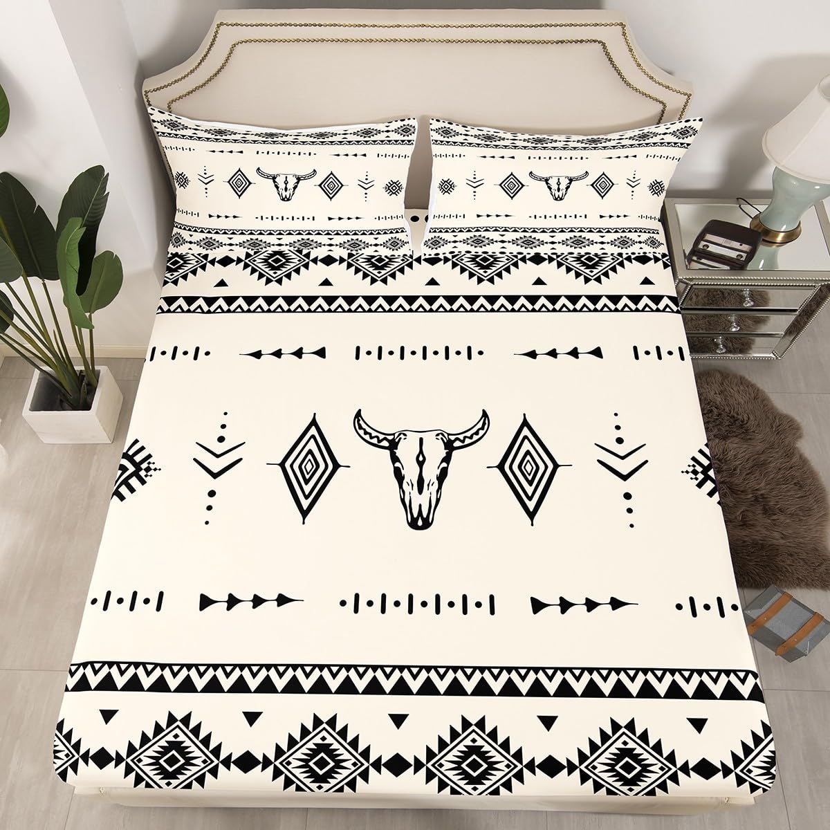 Erosebridal Full Size Western Cowboy Flat Fitted Sheet, Bull Skull Bed Sheets Set for Boys Girls Men Room Decor, Boho Aztec Ethnic Horns Bedding Set, Southwestern Native Bed Sets