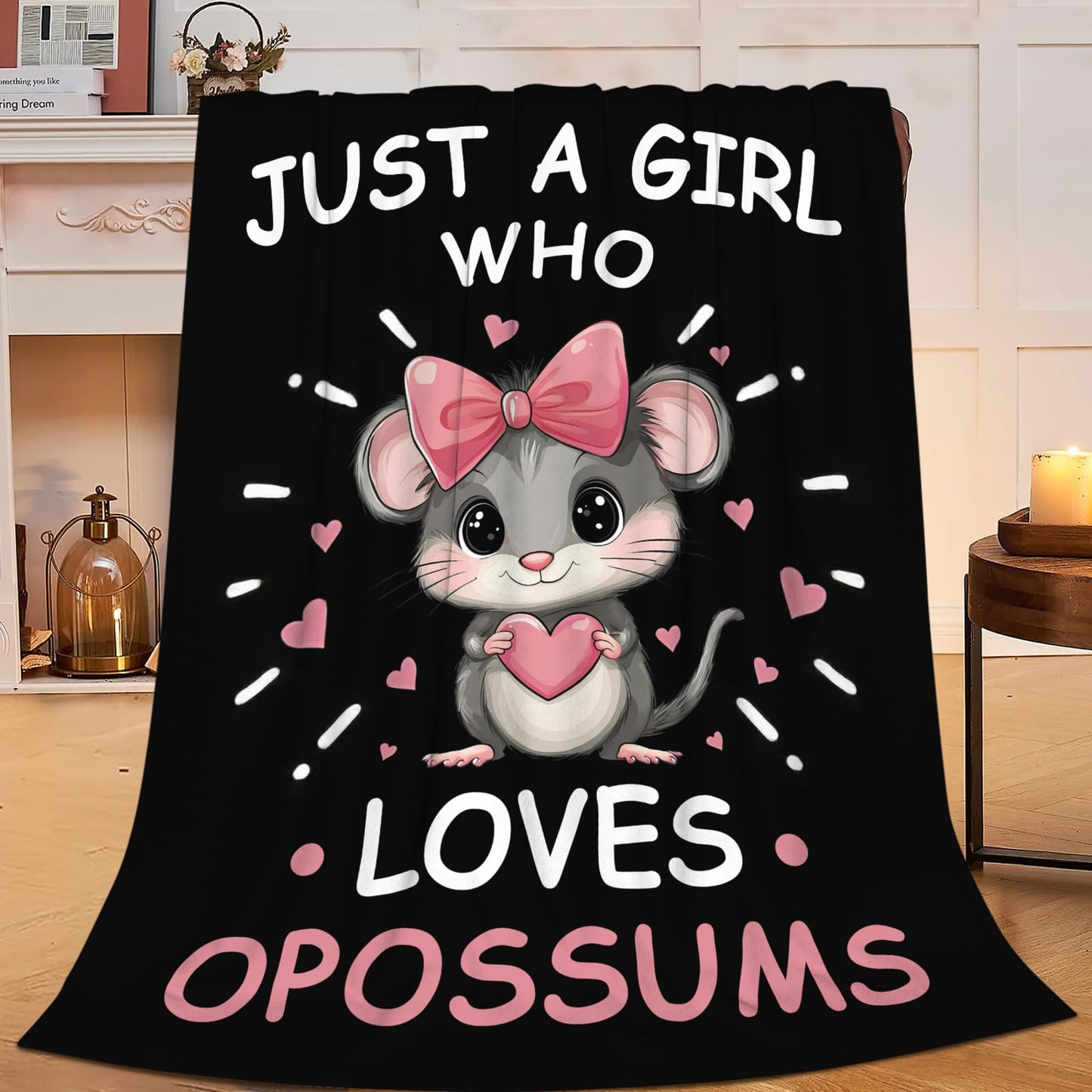 Lovira Just A Girl Who Loves Opossums Throw Blanket Possums Print Throw Blankets Gifts for Couch Sofa Bed Stuff Decor Soft Cozy Fleece Plush Warm Flannel Bedding for Lover 40"x50"