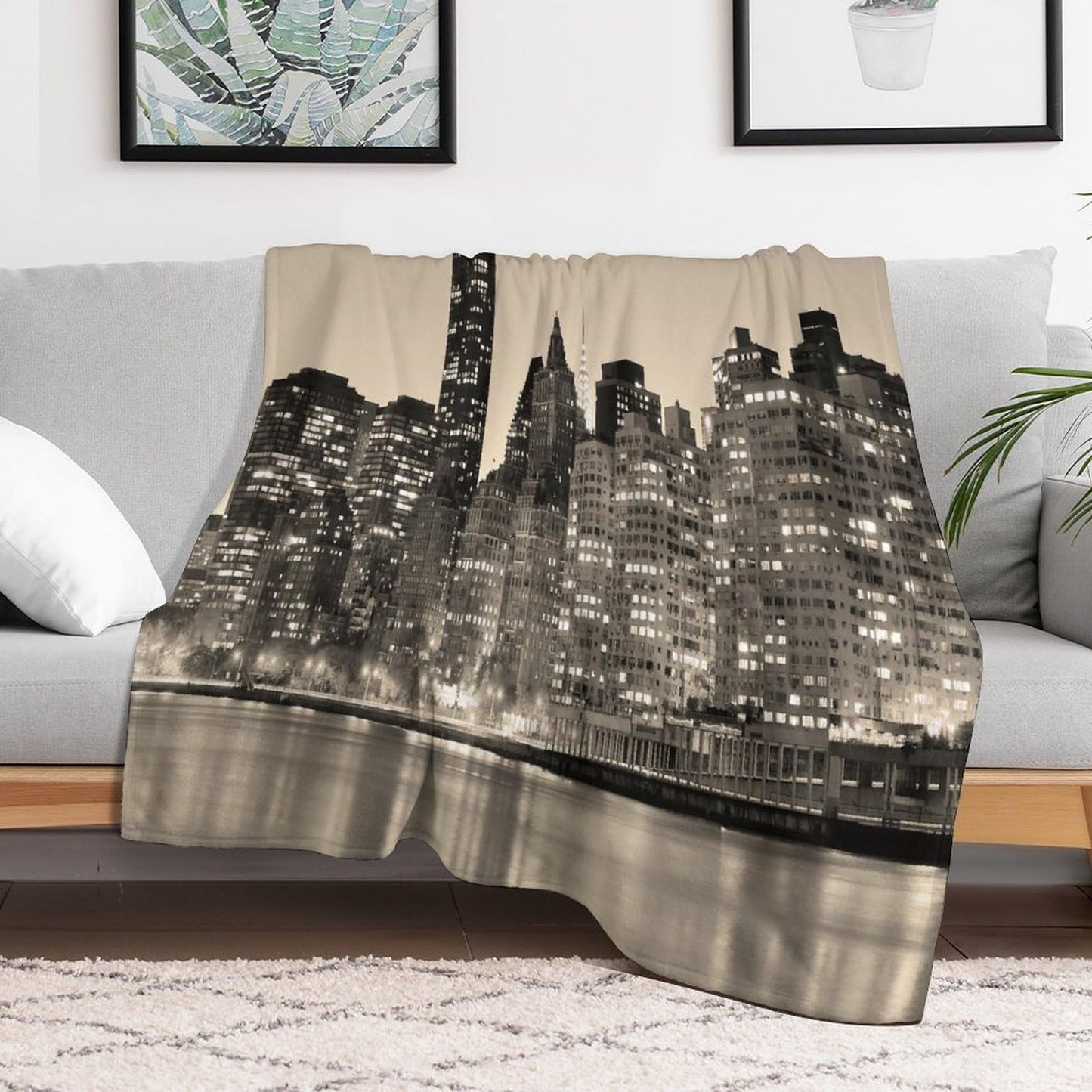 City Landscape Throw Blanket,New York Manhattan Cityscape Ocean Coast Scenery Pattern Soft Cozy Warm Flannel Blankets for Sofa Couch Bed Gifts for Lover Kids Boys Grils Women Adults 30x40 Inch