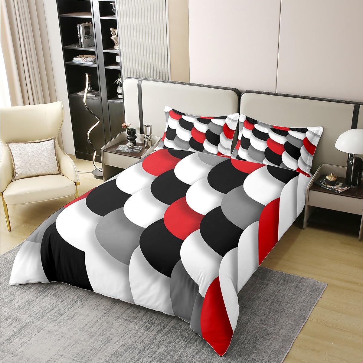jejeloiu Red Black White Duvet Cover 100% Cotton Geometric Abstract Queen Size Bedding Set for Kids Boys Girls Abstract Art Comforter Cover Soft（No Comforter）