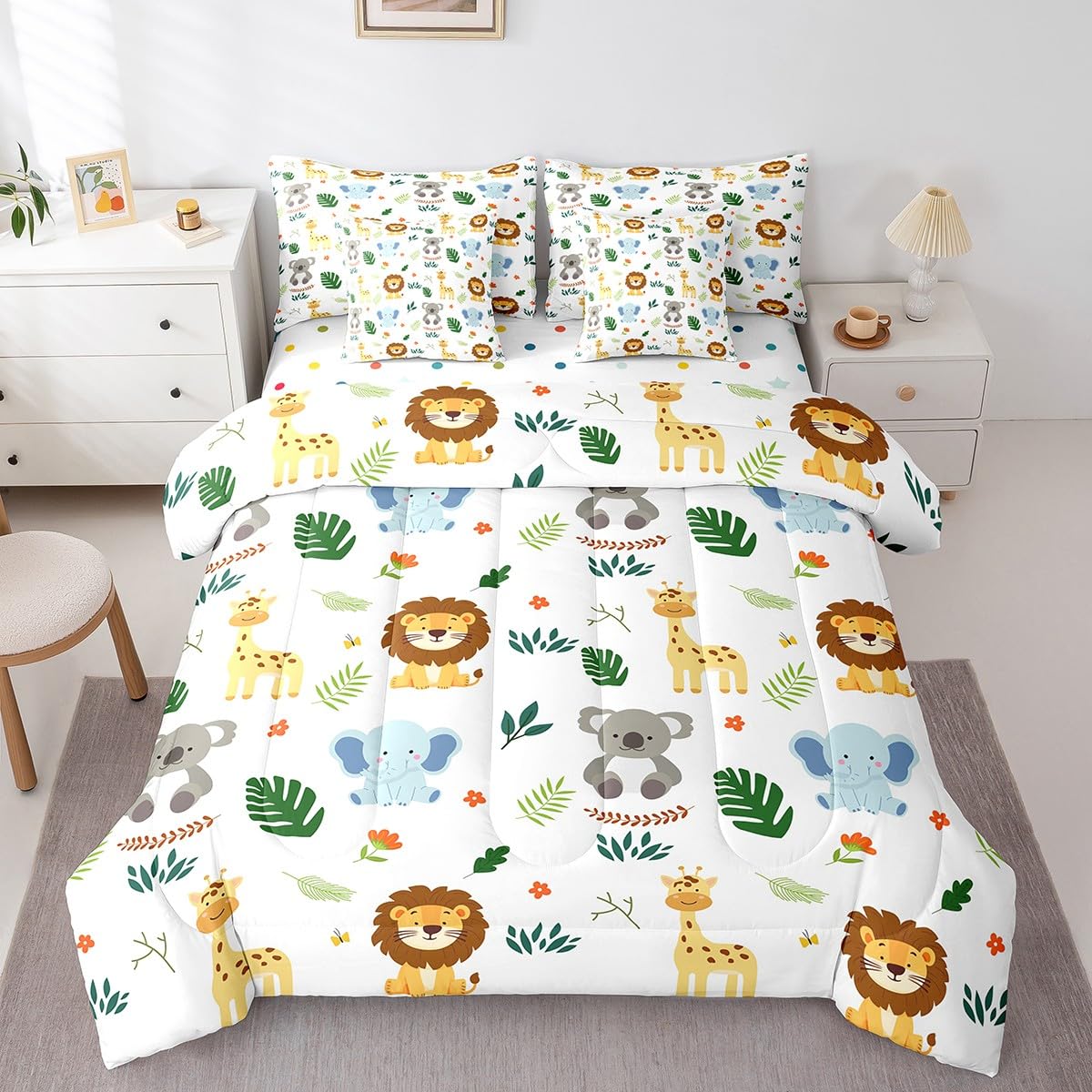 Erosebridal Nursery Cute Jungle Animal Kids Twin Size Comforter Set with Sheets | Safari Elephant Giraffe 7-Piece Bedding Set Koala Lion Bed in a Bag Palm Leaves Flowers Zoo Animal Bed Quilt Sets