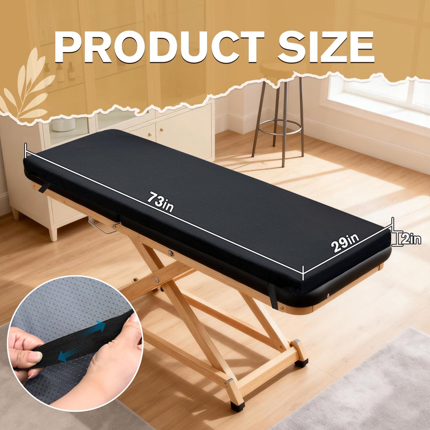 CRAURU Massage Bed Topper 73x29x2 Inch Lash Bed Foam Topper with Removable Cover and Elastic Bands Non-Slip Massage Table Pad for Spa Lash Extensions Salon, Black