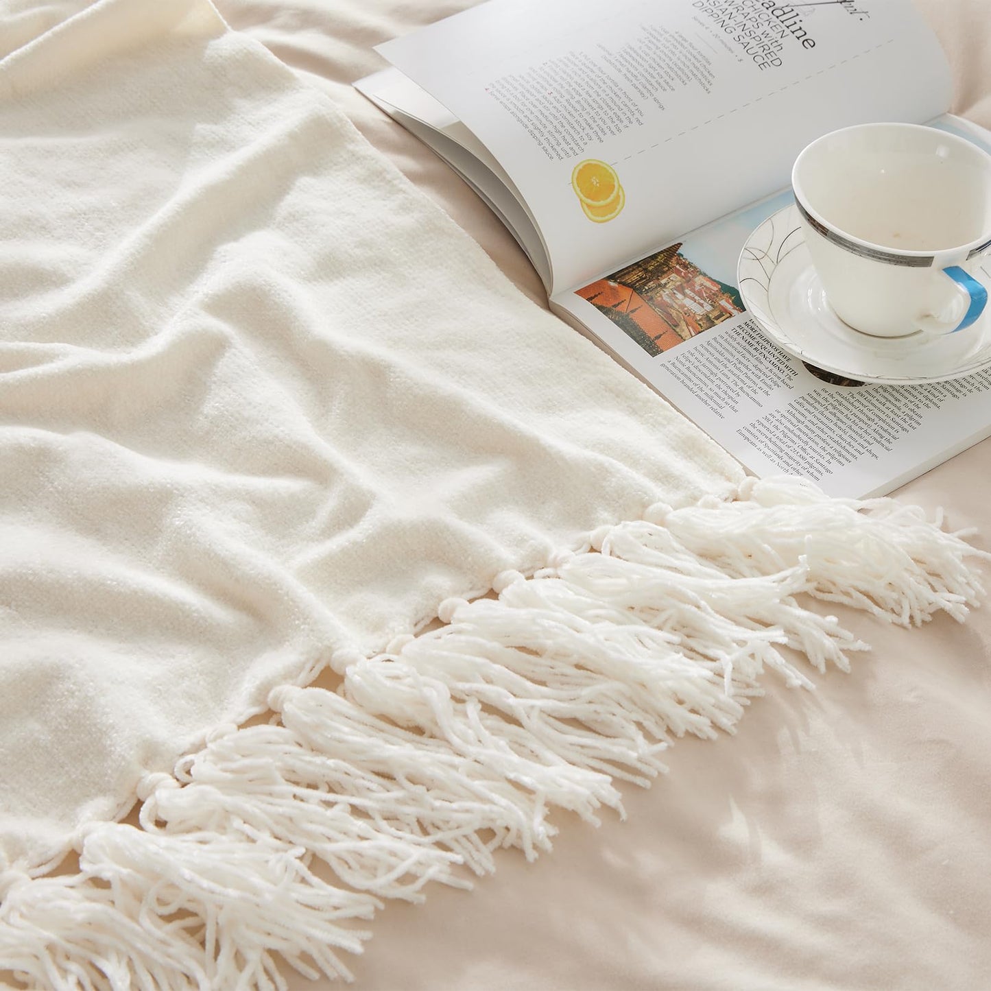 CozeCube Chenille Throw Blanket for Couch, Cozy Plush Fuzzy Decorative Cream White Blanket with Fringe Tassels, Lightweight Throws for Bed Sofa Gift Home Decor, 50"X60"