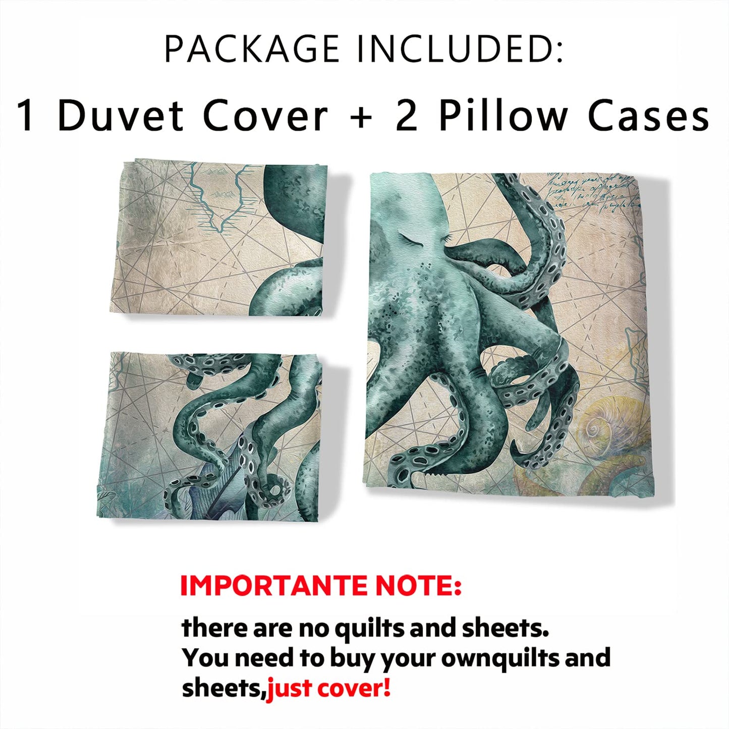CVHOUSE Octopus Duvet Cover King Size,Sea Animal Mediterranean Style Design Bedding Set,Ocean Octopus Comforter Cover for Kids Teens,1 Duvet Cover 2 Pillowcases 3 Piece