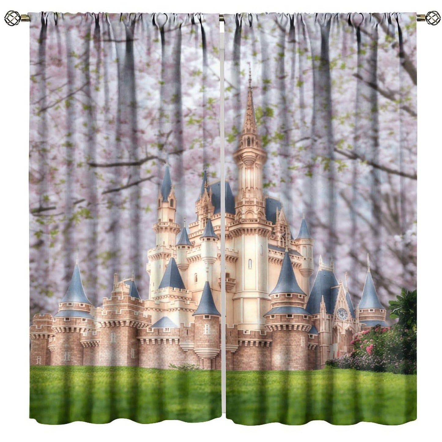 Princess Castle Curtains For Kids Romantic Fairy Tale Castle Flower Garden Rod Pocket Window Treatments for Girls Boys Children Bedroom Nursery Living Dining Room 2 Panels Set 41x 45 in （No Blackout）