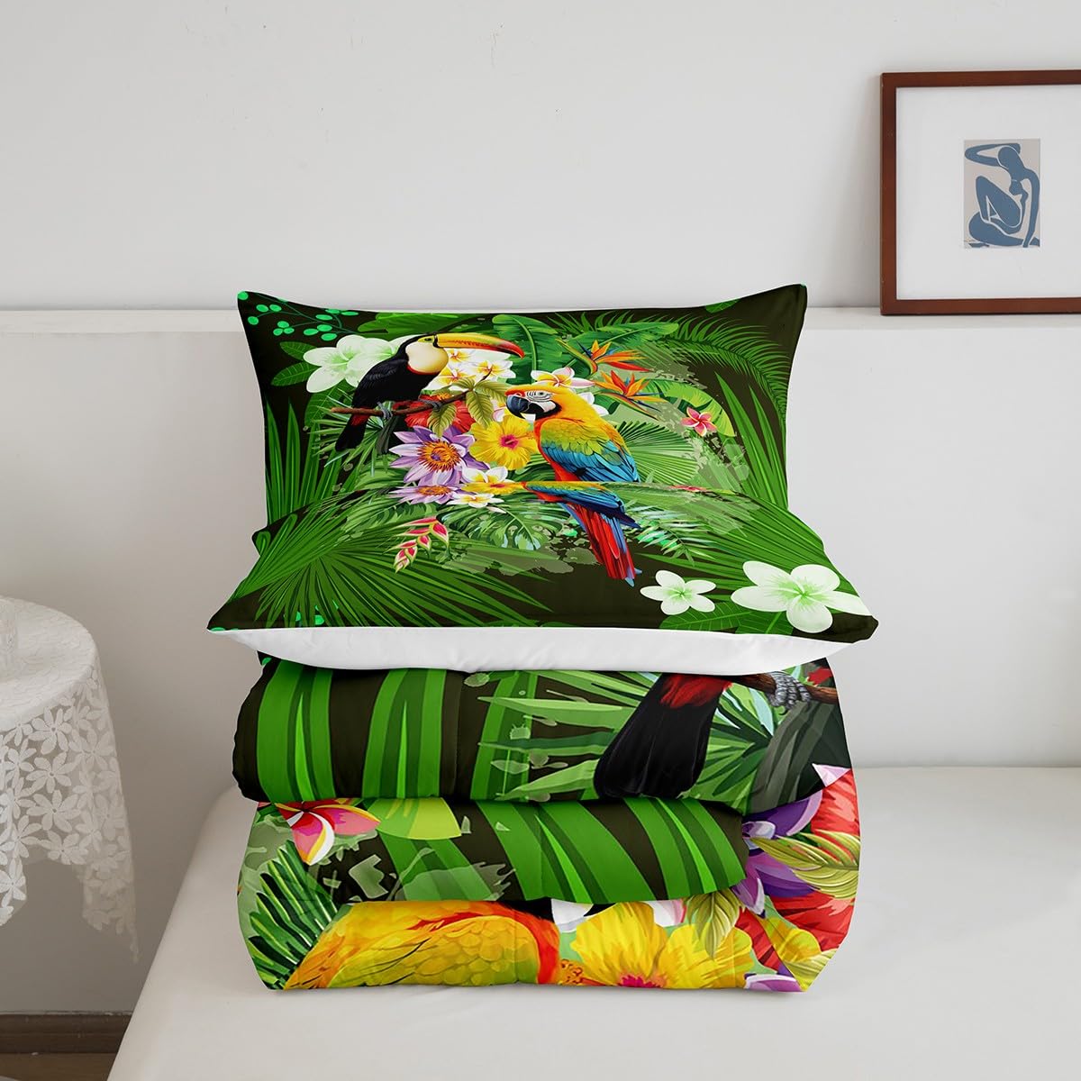 Toucan Comforter Twin Size Parrot Bedding Sets Safari Animals Comforter Set for Kids Girls Women Tropical Palm Leaf Floral Birds Fresh Nature Down Comforter with 1 Comforter and 1 Pillow Case Green