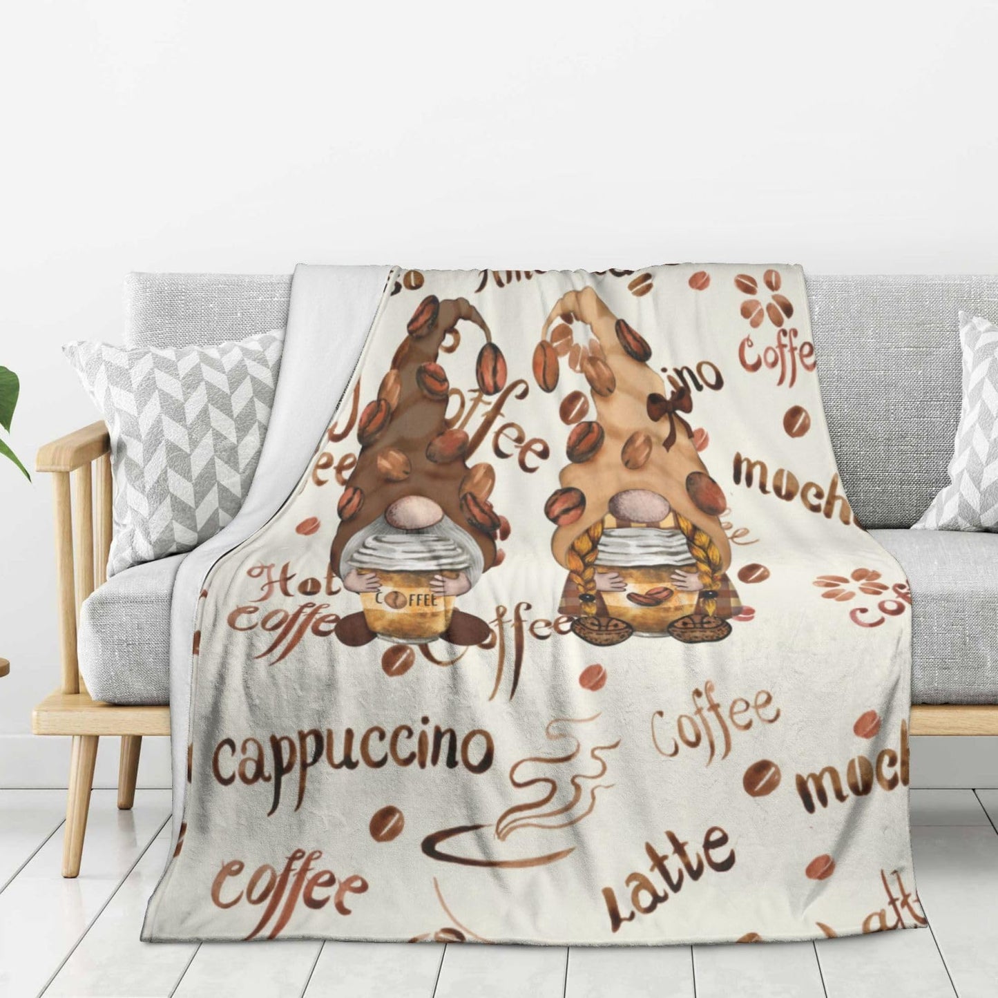 Oplp Coffee Bean Funny Coffee Gnomes Throw Blanket for Bed Sofa Couch Fleece Blankets Lightweight Soft Cozy 50"x40"