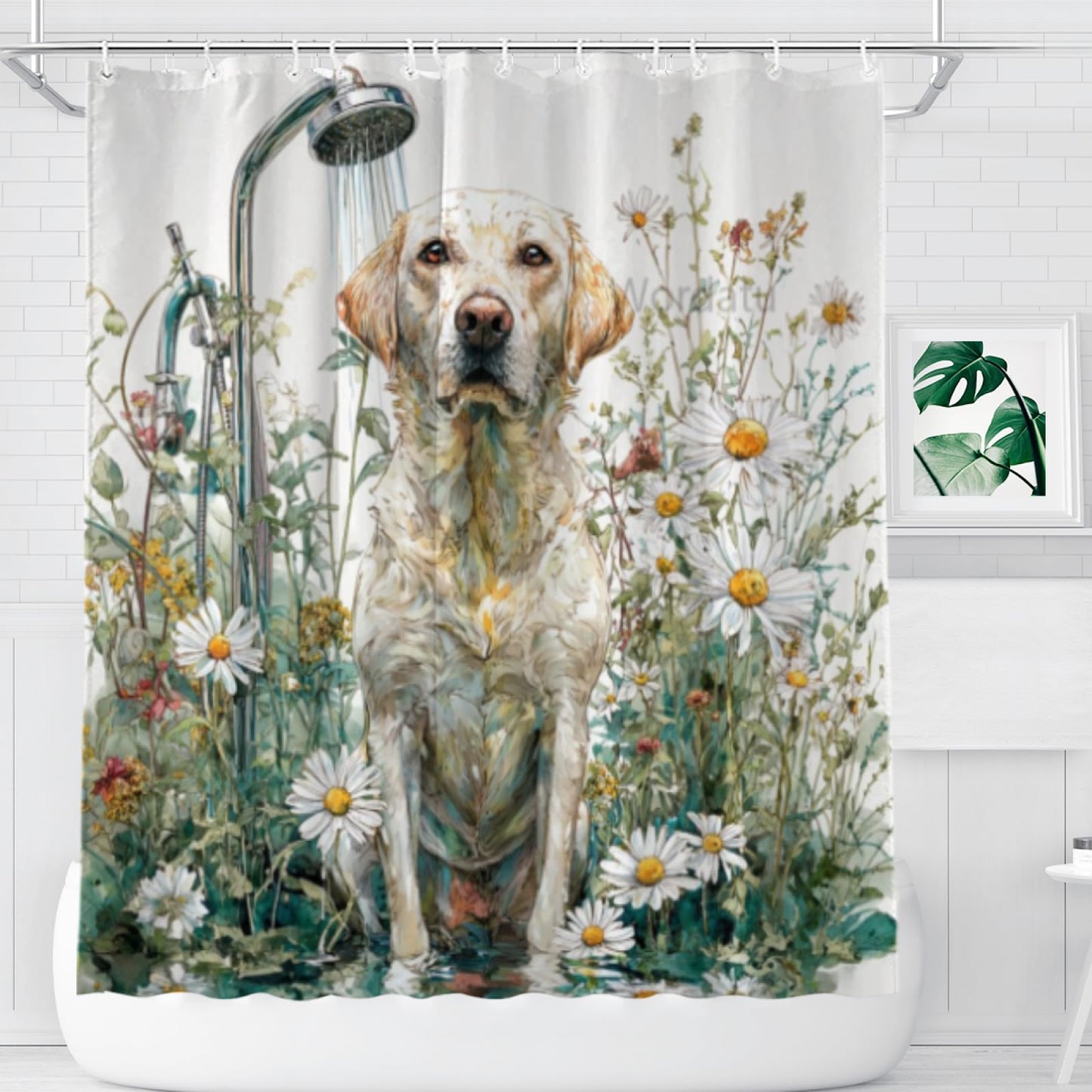Wordatu Shower Curtain for Bathroom Flowers Welcome Labrador Retriever Shower Curtains for Bathtub Waterproof Fabric Shower Curtain with Hooks 72x72 Inches