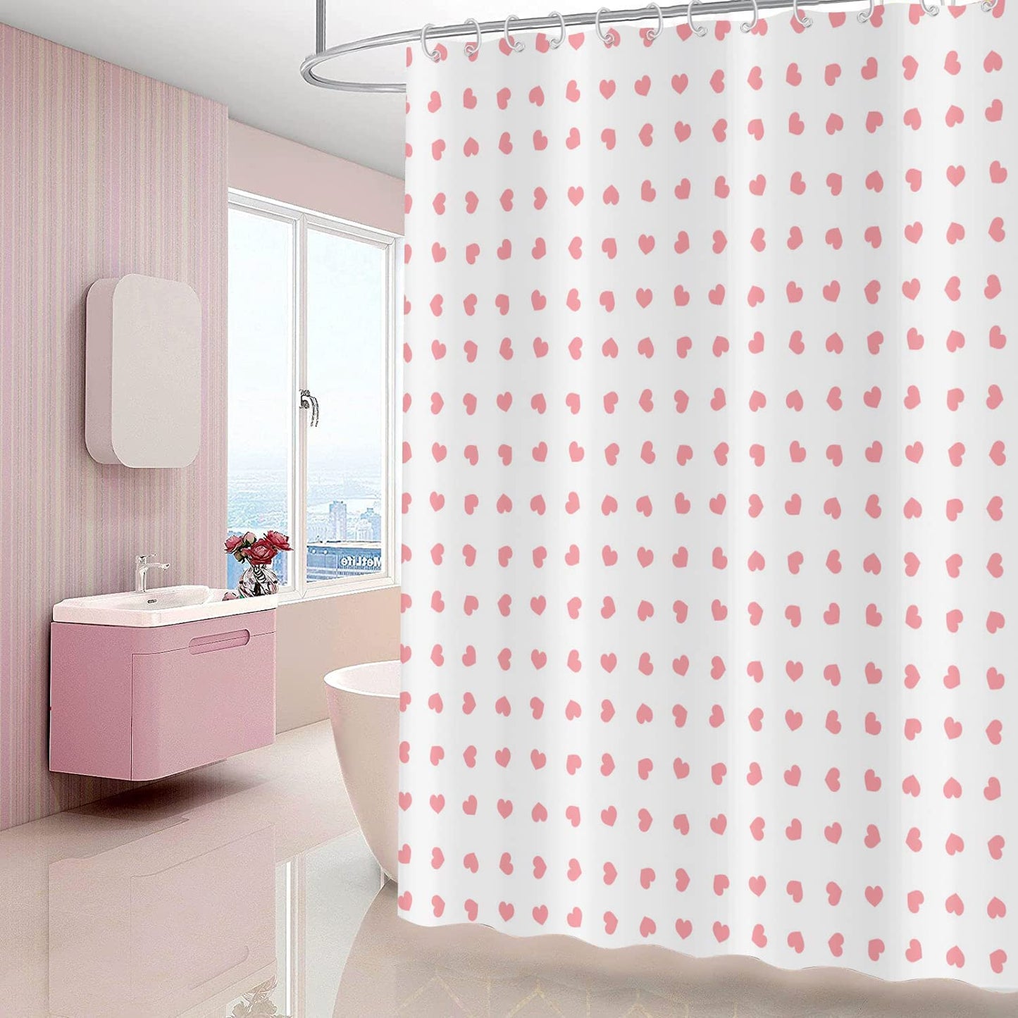 GCIREC Valentine's Day Shower Curtain, Weighted Bottom Romantic Love Theme Pink Little Heart Farmhouse Girly Fabric Bathroom Curtain Home Decor Waterproof Washable with 12 Hooks,72"x72"