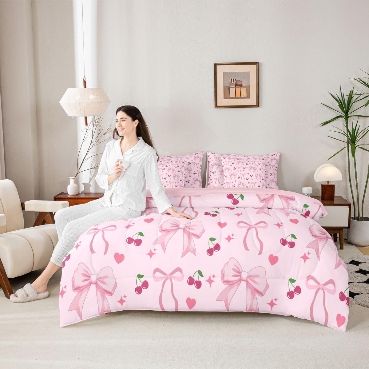 Erosebridal Girly Pink Cherry Bowknot Full Comforter Set 7 Pieces | Ribbon Bow Bed in A Bag for Bedroom Love Hearts Coquette Bedding Set with Comforters Love Hearts Coquette Room Decor