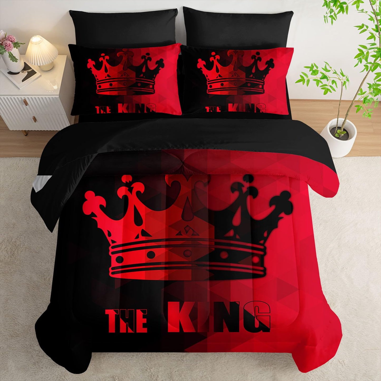 Smell Sunshine 7Pcs Crown Comforter Set Black Red Gradient Art Printed Bedding Set with 1 Comforter, 1 Flat Sheet, 1 Fitted Sheet and 4 Pillowcases for Boys and Girls Bedroom All Season(Crown Twin