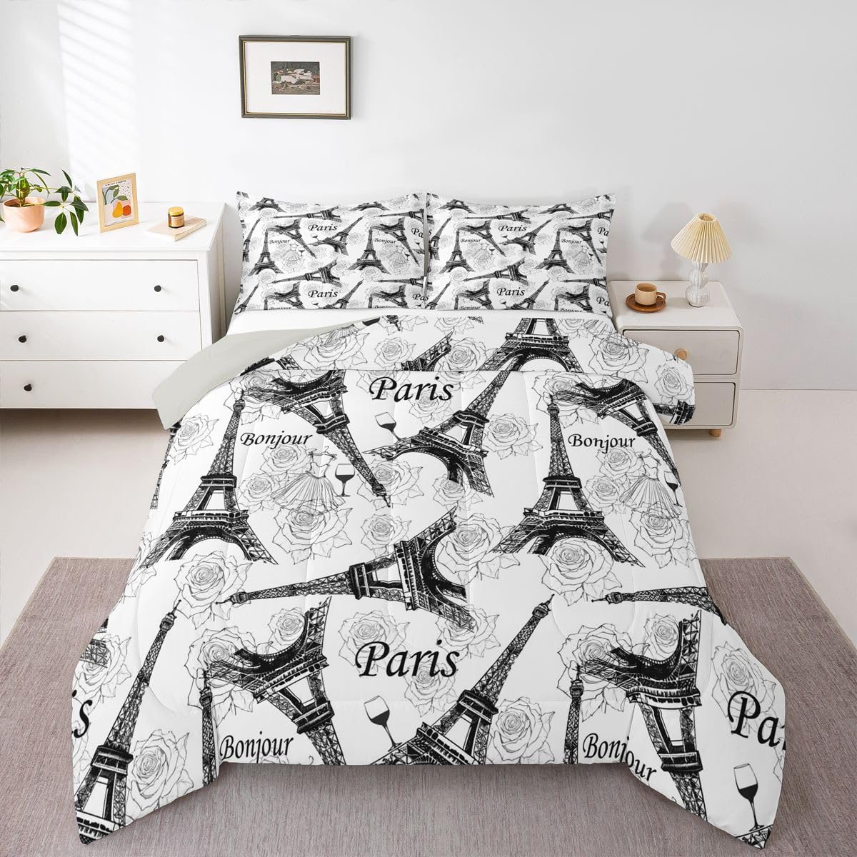 Eiffel Tower Bedding Sets for Boys Girls Couple Romantic Theme Comforter Set, Black and White French Paris Famous Cityscape Eiffel Tower Floral Print Quilted Duvet Valentine's Day Gifts,Full Size