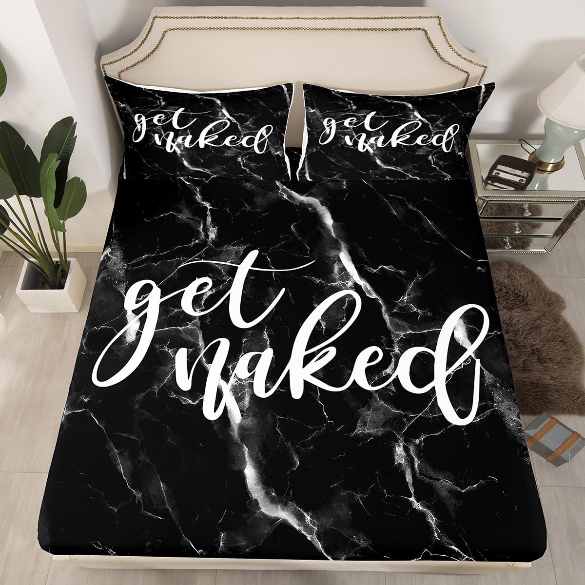 Black White Marble Bed Sheet Set for Kids Boys Girls Women Men Get Naked Fitted Sheet Full Size Funny Quote Bedding Set Room Decor Simple Modern Abstract Bedding Sheets 3Pcs Bedroom Collection