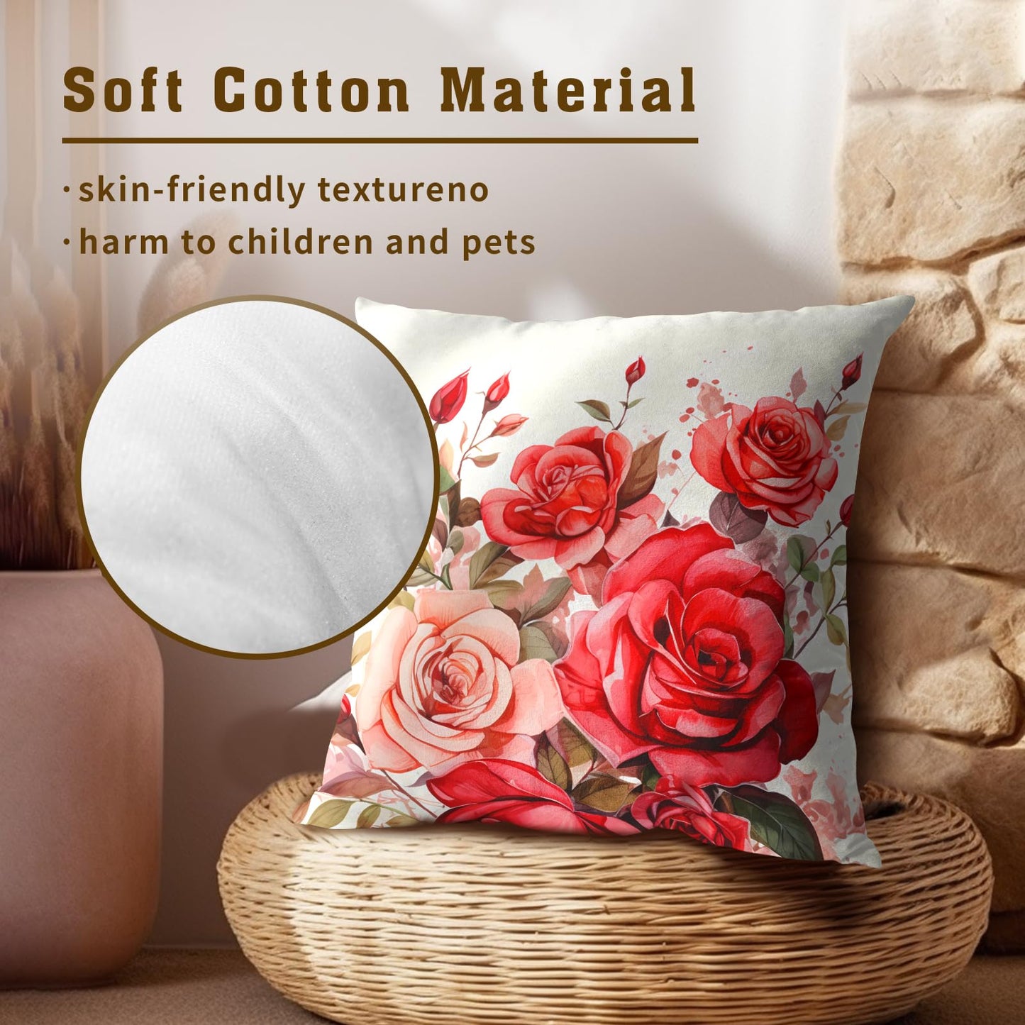 Mweet Red Roses Throw Pillow Covers 18x18 Inch Set of 2, Valentine's Day Decorative Pillow Case Beautiful Bouquet Flower Cushion Cover for Couch Sofa Wedding Anniversary Decor Gift