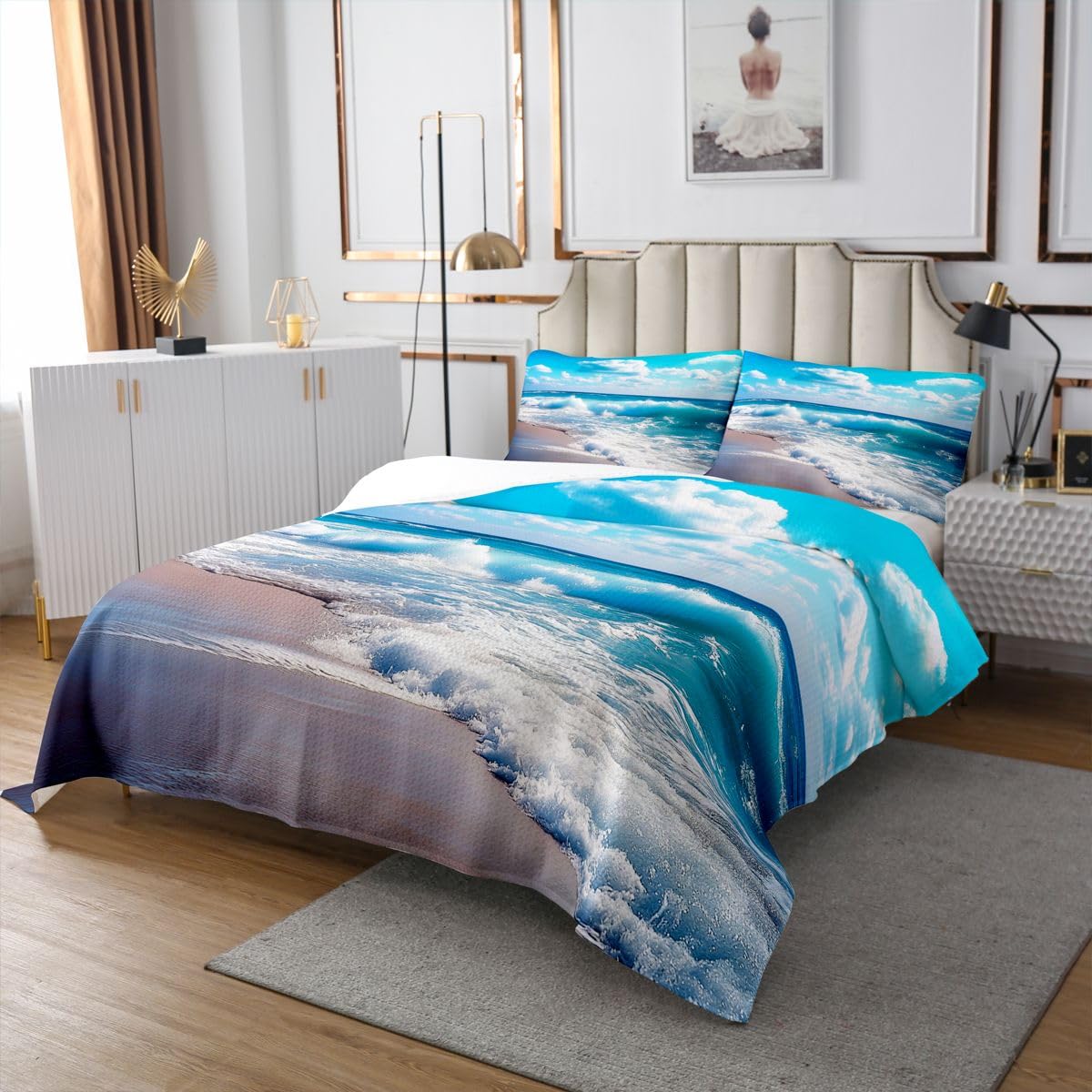 jejeloiu Beach Bedspread Queen Size Ocean Sea Coverlet Set Blue Coastal Summer Quilted Coverlet for All Season with 2 Pillowcases Microfiber Lightweight