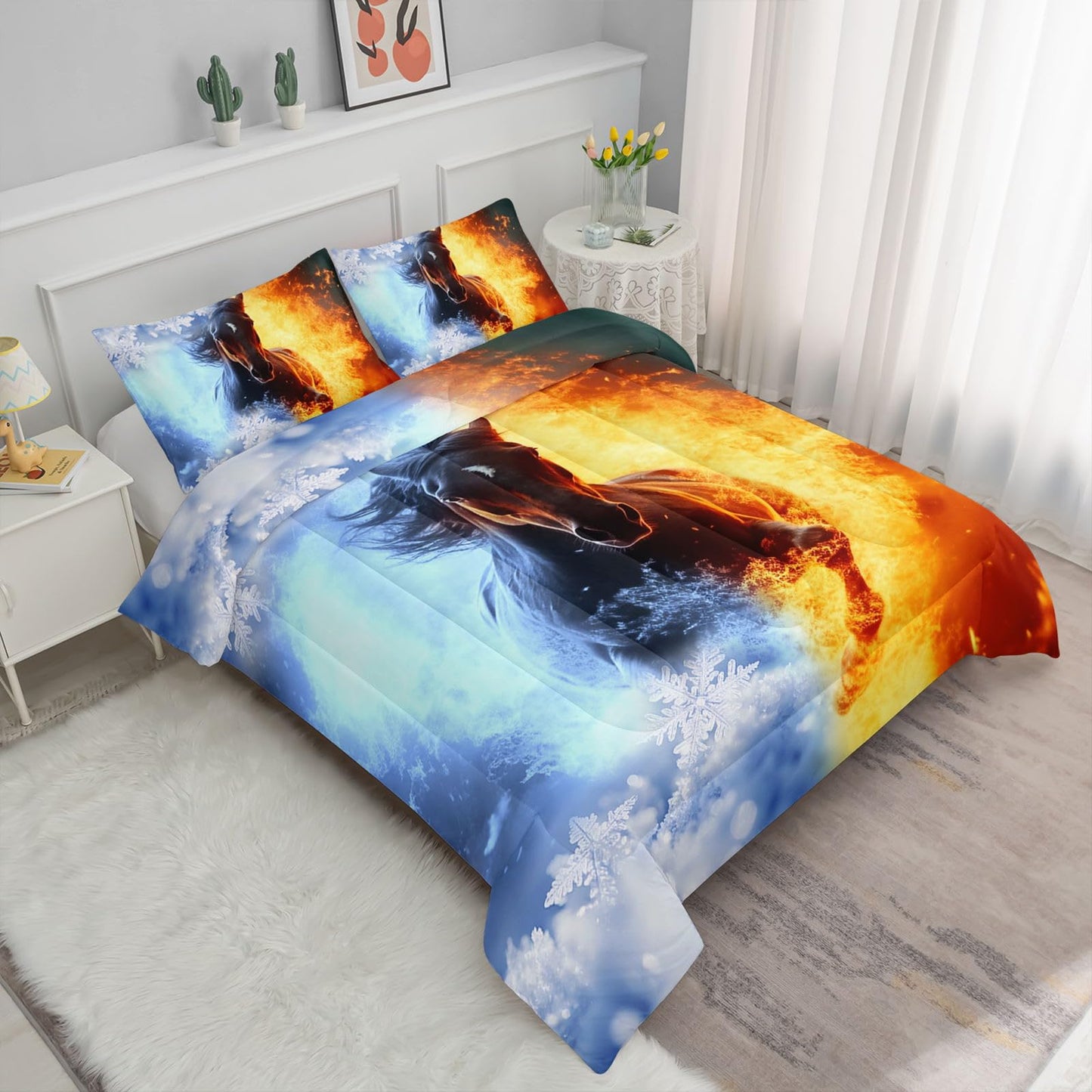 Smell Sunshine 3D Horse Comforter Set Fire Ice Printed Bedding Set with 1 Comforter and 2 Pillowcases for Boys and Girls Bedroom All Season(Horse Twin)