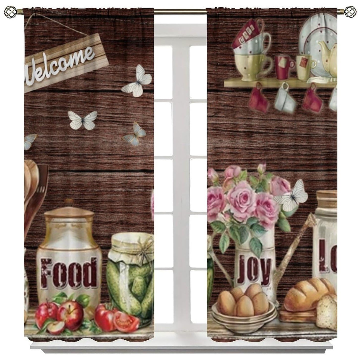 Farmhouse Vintage Curtains Rustic Retro Plank Tableware Ingredients and Fruits Wood Rod Pocket Window Treatments for Kitchen Living Dining Room Bedroom 2 Panel Set 41" x 45" (No Blackout)