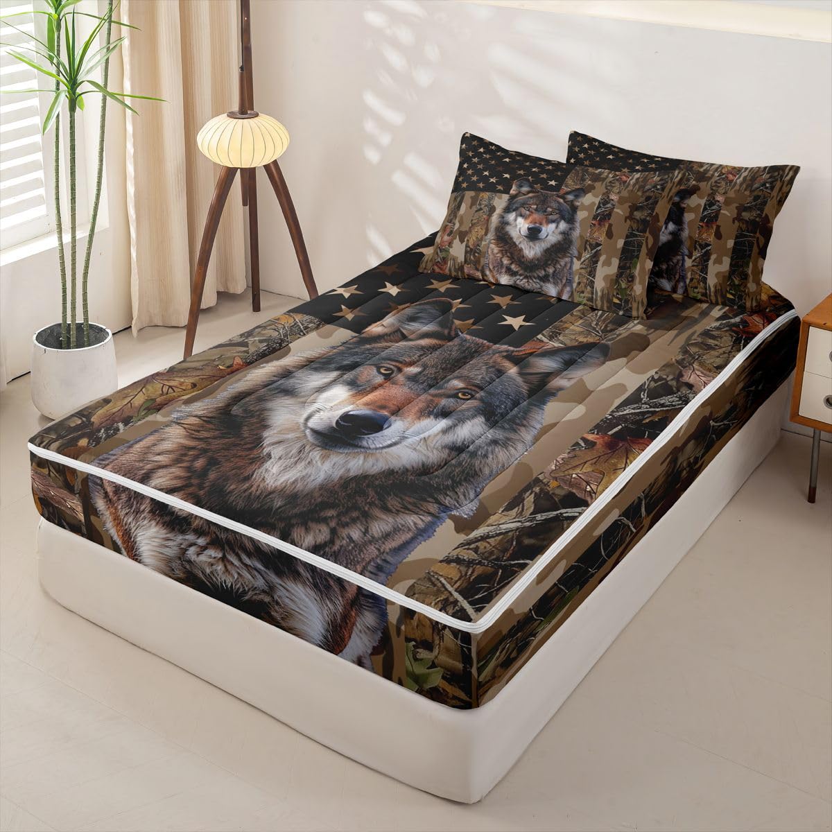 jejeloiu Wolf Hunting Camo Zipper Bedding for Kids Rustic Western Wolf Twin Comforter Set with Fitted Sheet 2 Pillowcases American Flag Bed in a Bag Brown Camouflage Soft Lightweight Microfiber