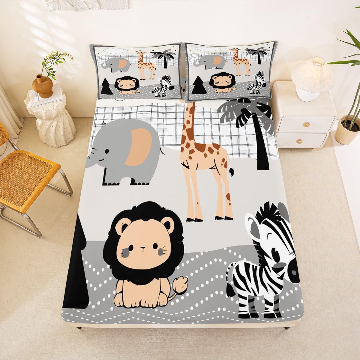 Erosebridal Jungle Animals Sheet Set Full Elephant Giraffe Lion Zebra Bed Sheets for Kids Boys Girls Hunter Brown Rust Wildlife Flat Fitted Sheet Cute Cartoon Animals Sheets 3 Pcs