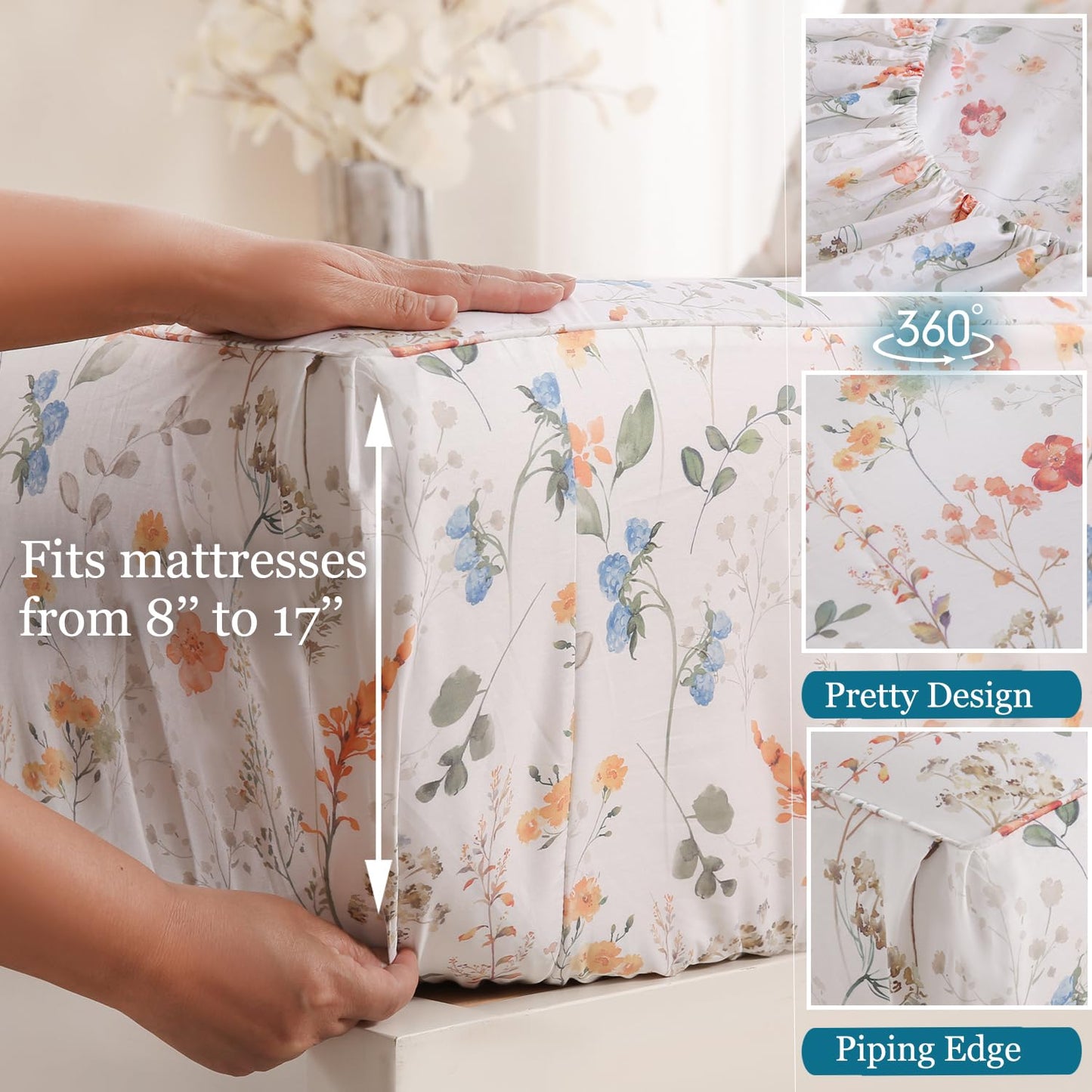 Zusbest Queen Sheet Set Floral Patterned 100% Percale Cotton Orange Blue Flower Sheets Set Green Botanical Printed on White Deep Pocket Fitted Sheets, Crisp Soft Breathable for Hot Sleepers, 4 Pcs