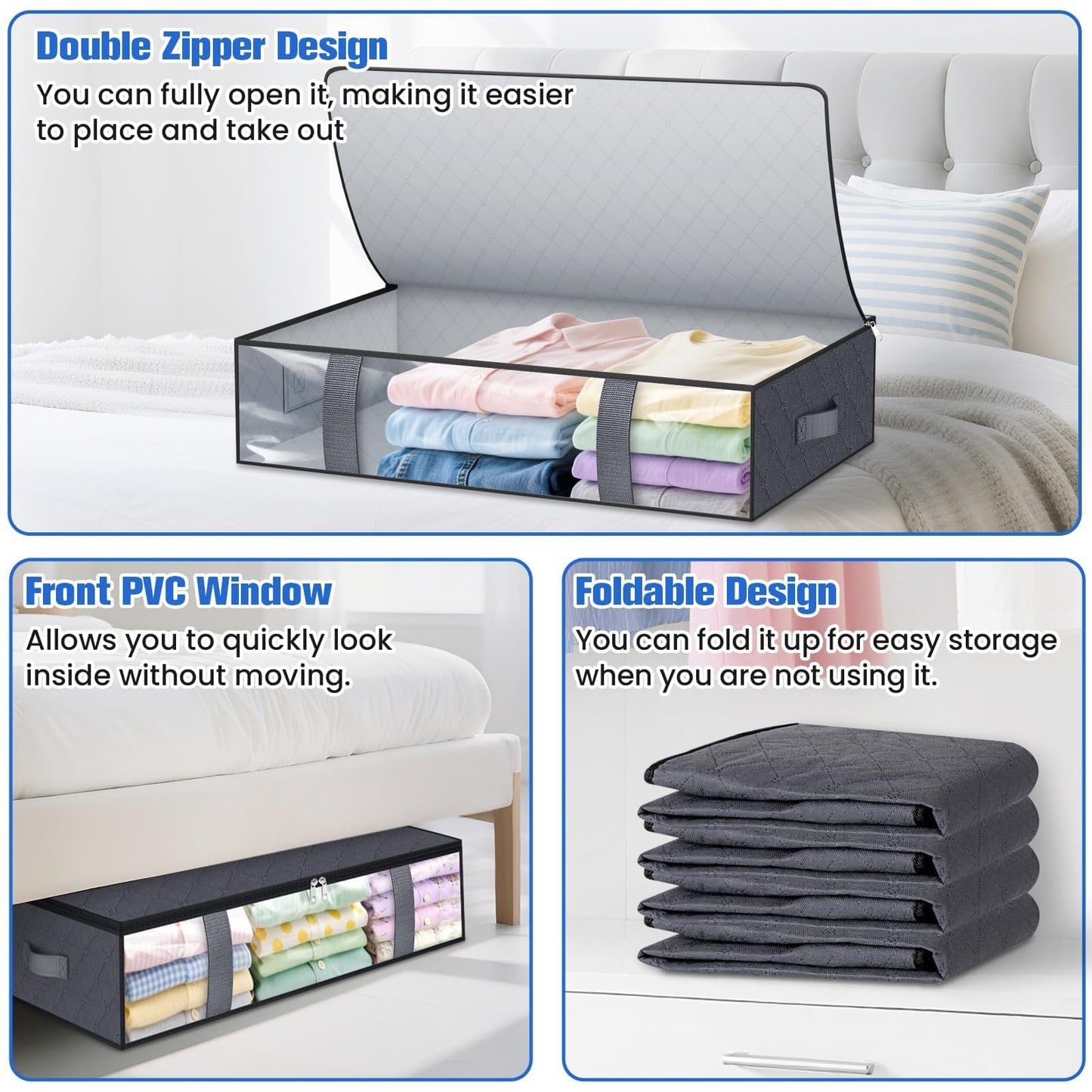 TasticTotes Under Bed Storage Containers, 6 Pack Blanket Storage Bags, Collapsible Storage Bags with Big Zippers, Clear Front, Shoe Storage and Organization for Clothes, Comforter, 60L, Grey