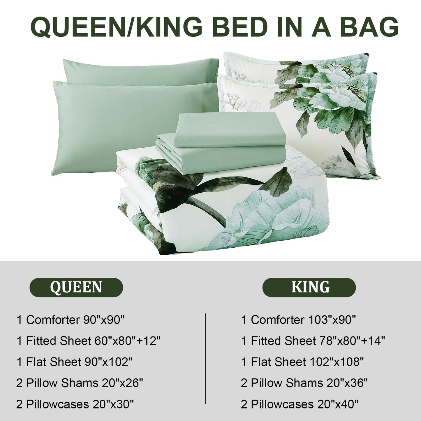 Dobuyly Green Queen Comforter Set 7 Piece Bed in a Bag Queen, Sage Green Floral Printed Comforter Set with Sheets, Soft Microfiber Botanical Flower Complete Bedding Set for All Season