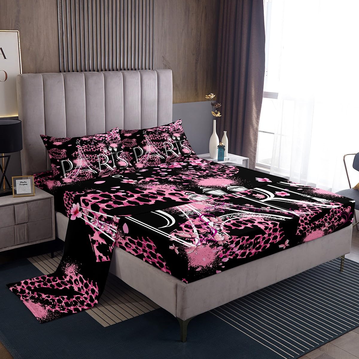 Homewish Eiffel Tower Sheet Set Full,Leopard Lips Bedding Set for Kids Teens Girls,Peach Blossom Pink Paris Romantic Bed Sheet Set 4pcs with Deep Pocket Fitted Sheet + Flat Sheet + 2 Pillowcases