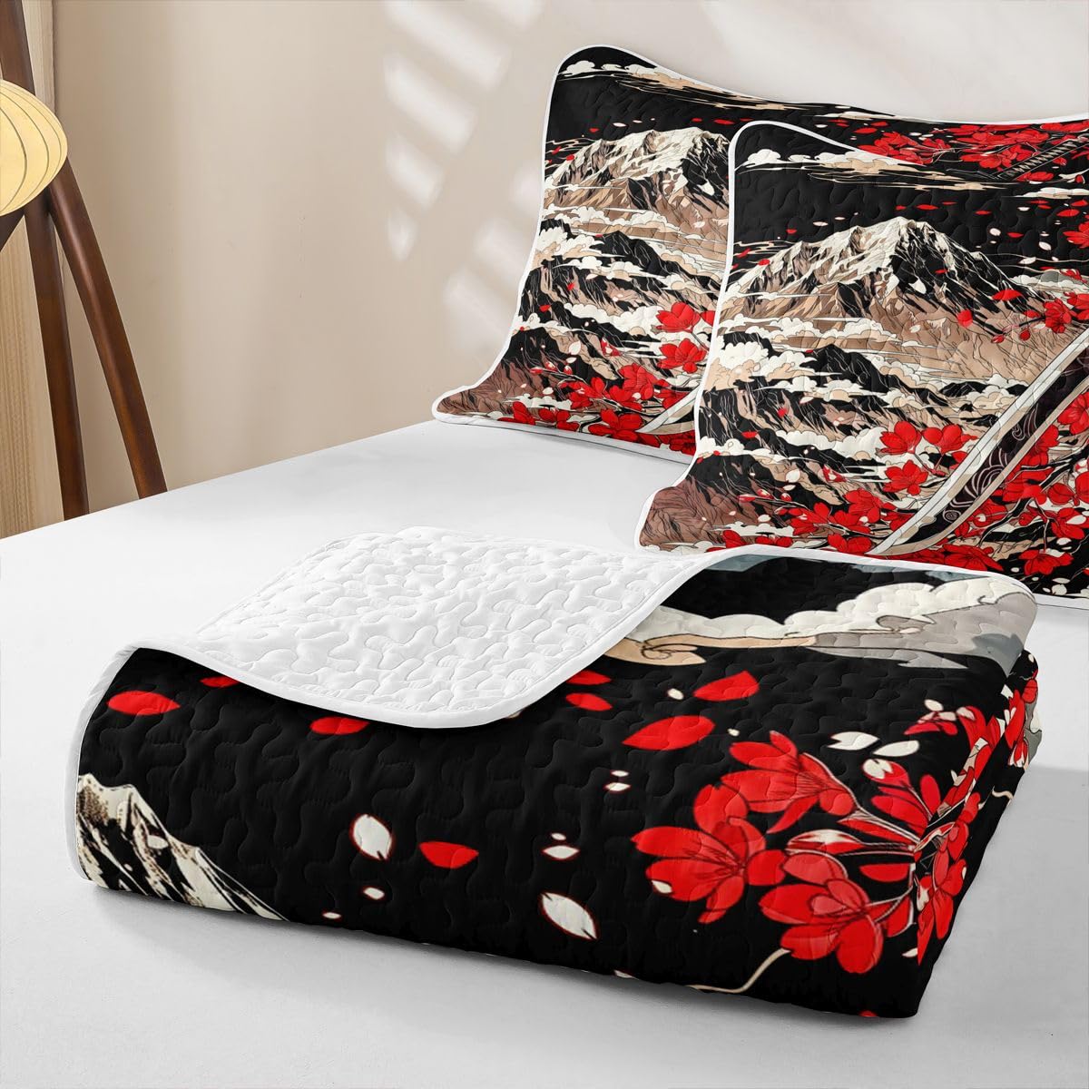 Erosebridal Japanese Style Quilts Twin Size - Red Japanese Cherry Blossoms Bedspread Coverlet Set, Mount Fuji Quilt Coverlets 2Pcs (Only 1 Pillowcase)