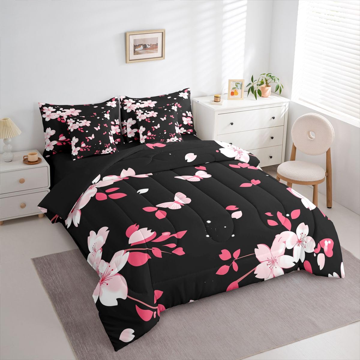 Erosebridal Cherry Blossom 7 Piece Bedding Set Queen Size Butterfly Bed in A Bag Japanese Spring Comforter with Sheets Japanese Style Romantic Theme Pink Bed Sets